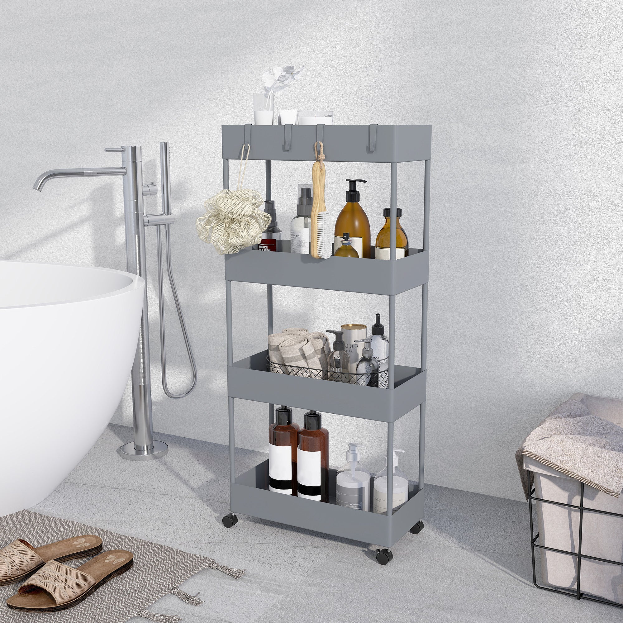 HOMCOM Küchenwagen mit 4 Regalen, 4 flexiblen Haken, 4 Rollen, 40 cm x 19 cm x 90 cm, Nischenwagen, Grau