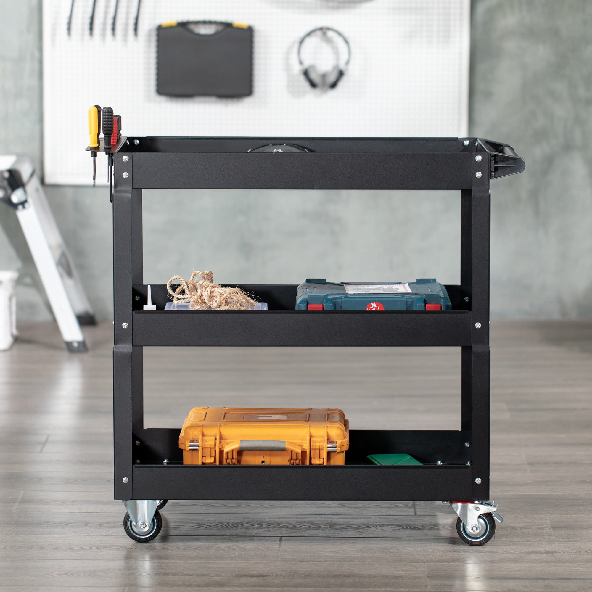 DURHAND 3-stufiger Werkzeugwagen, 4 Rollen, Stahl, 83B x 35,3T x 76H cm, Schwarz