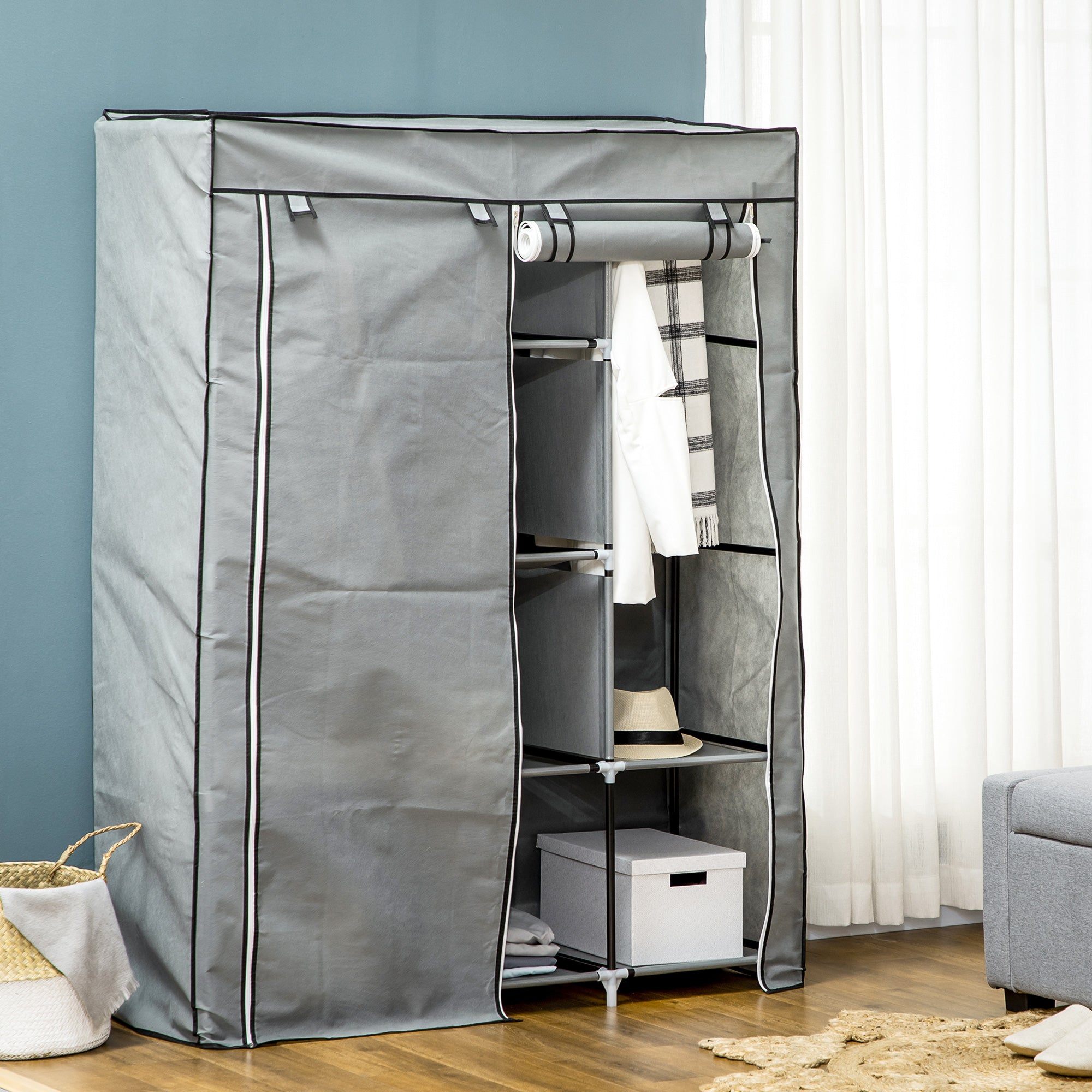 HOMCOM Schrank aus Stoff, Aufbewahrungslösung, 8 Regale, 2 Kleiderstangen, Grau