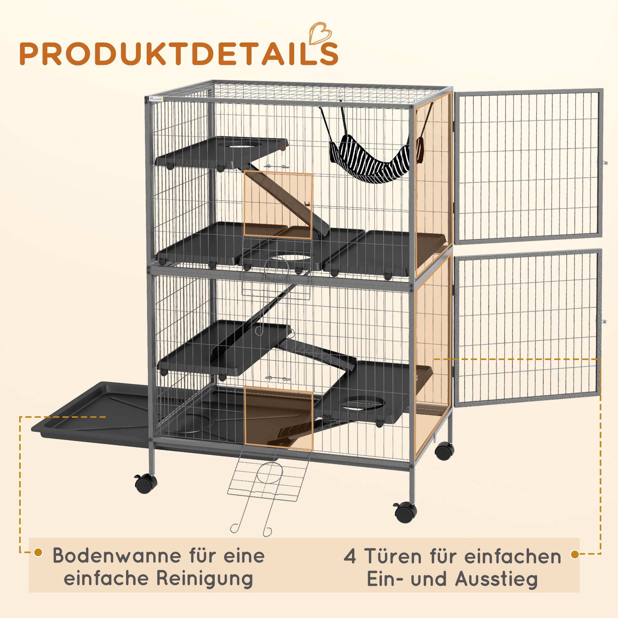 PawHut Kleintierkäfig mit Hängematte, Nagetierkäfig mit Rollen, 4-stöckiger Käfig, Metall, Kunststoff, 80 x 52 x 128 cm, Grau