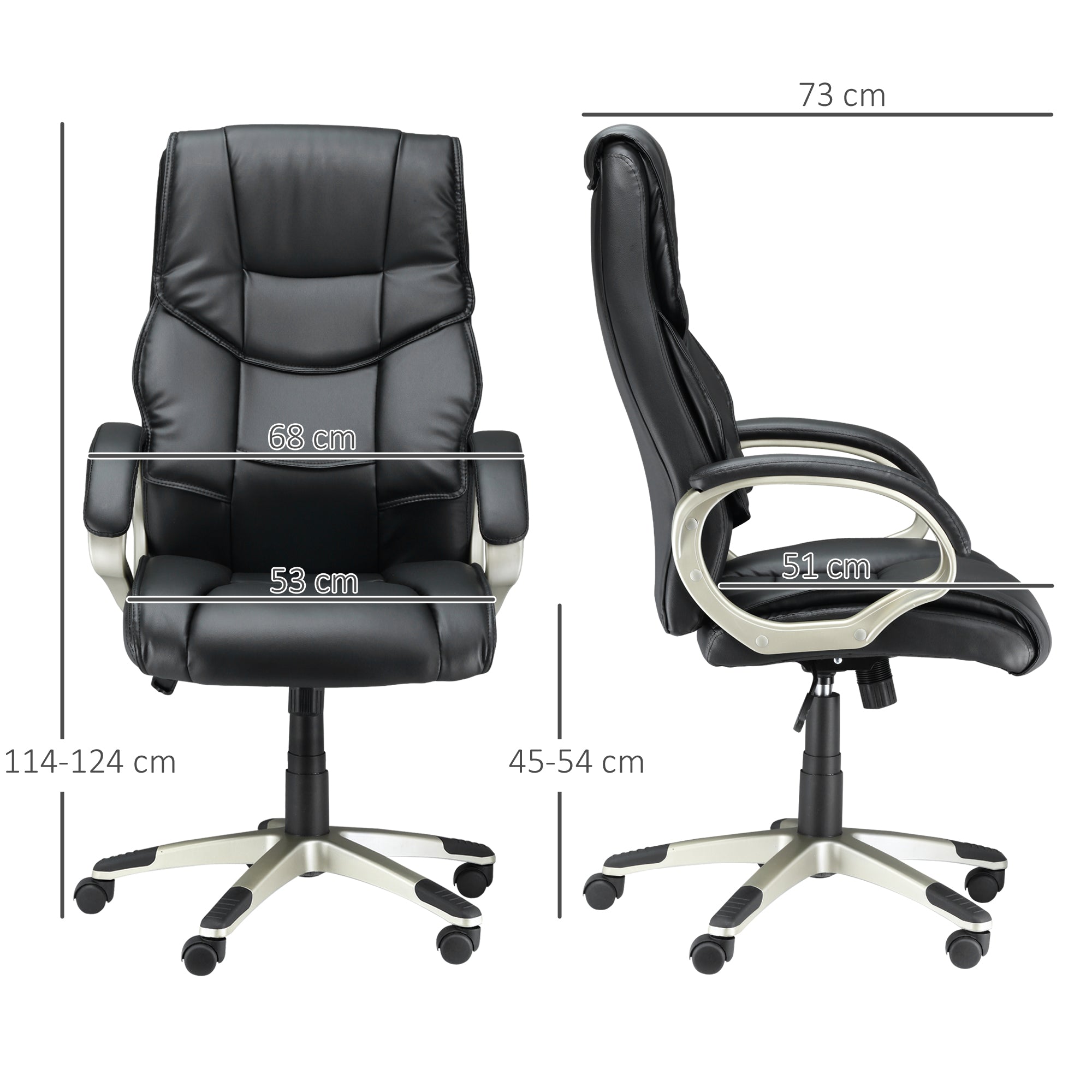 HOMCOM Bürosessel Chefsessel mit Wippfunktion Bürostuhl Schreibtischstuhl Ergonomischer Drehstuhl Sportsitz Hoher Rückenlehne Schwarz Kunsterleder Metall 70 x 58 x 114–124 cm