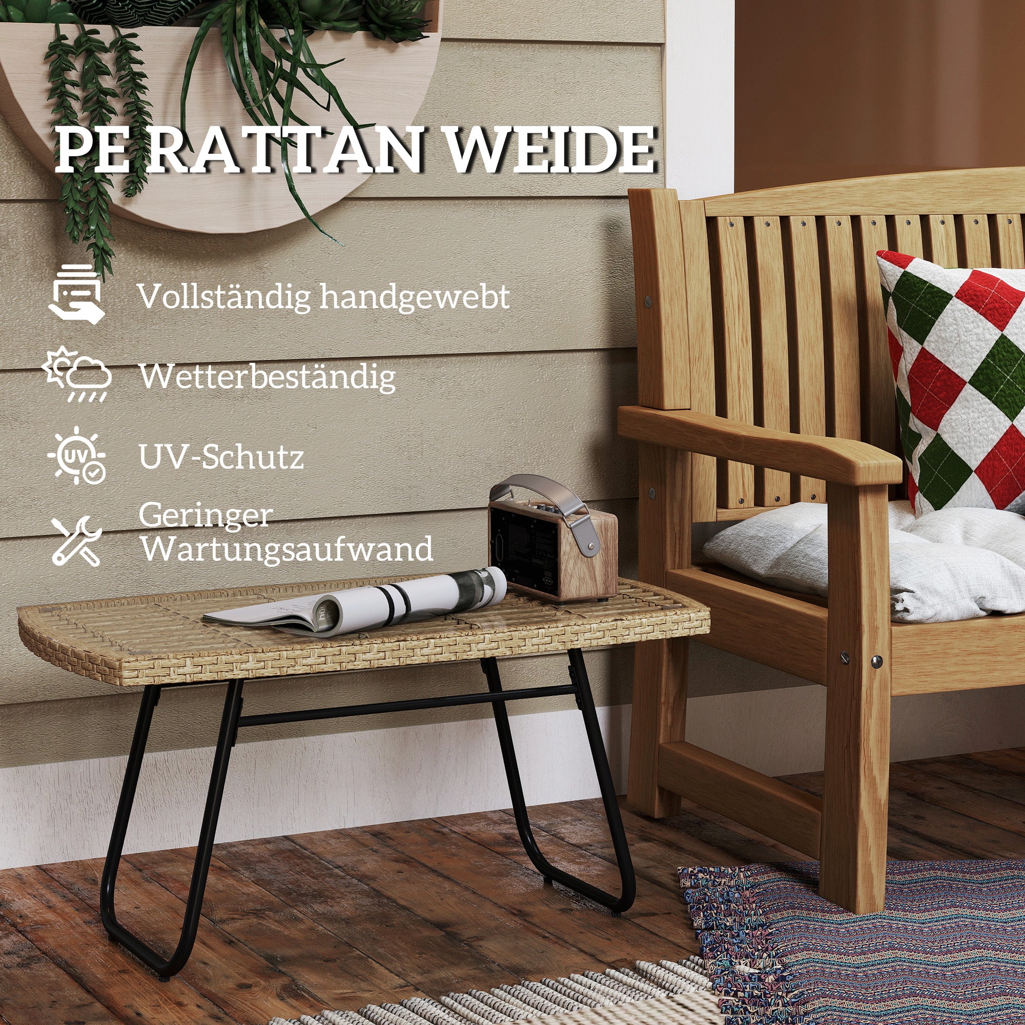 Outsunny Polyrattan Gartentisch, 90 x 50 x 45 cm, UV-beständig Beistelltisch mit Glasplatte Naturholz