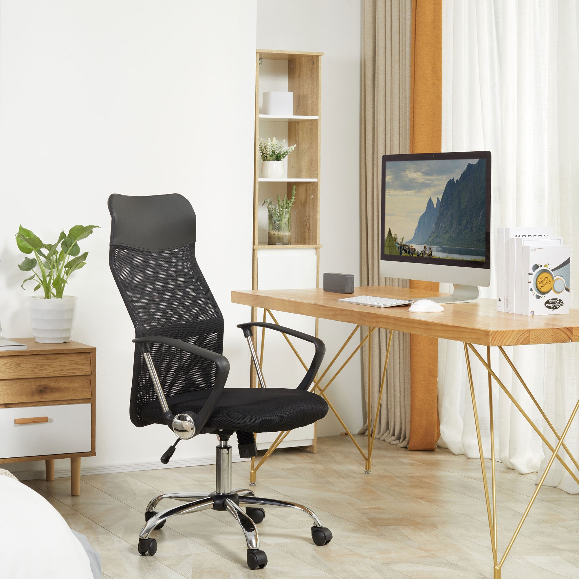 HOMCOM Ergonomischer Bürostuhl, Gaming Stuhl, Drehstuhl mit Wippenfunktion, höhenverstellbarer Schreibtischstuhl, Schaumstoff, Netz, Schwarz,  63 x 65 x 109-119 cm