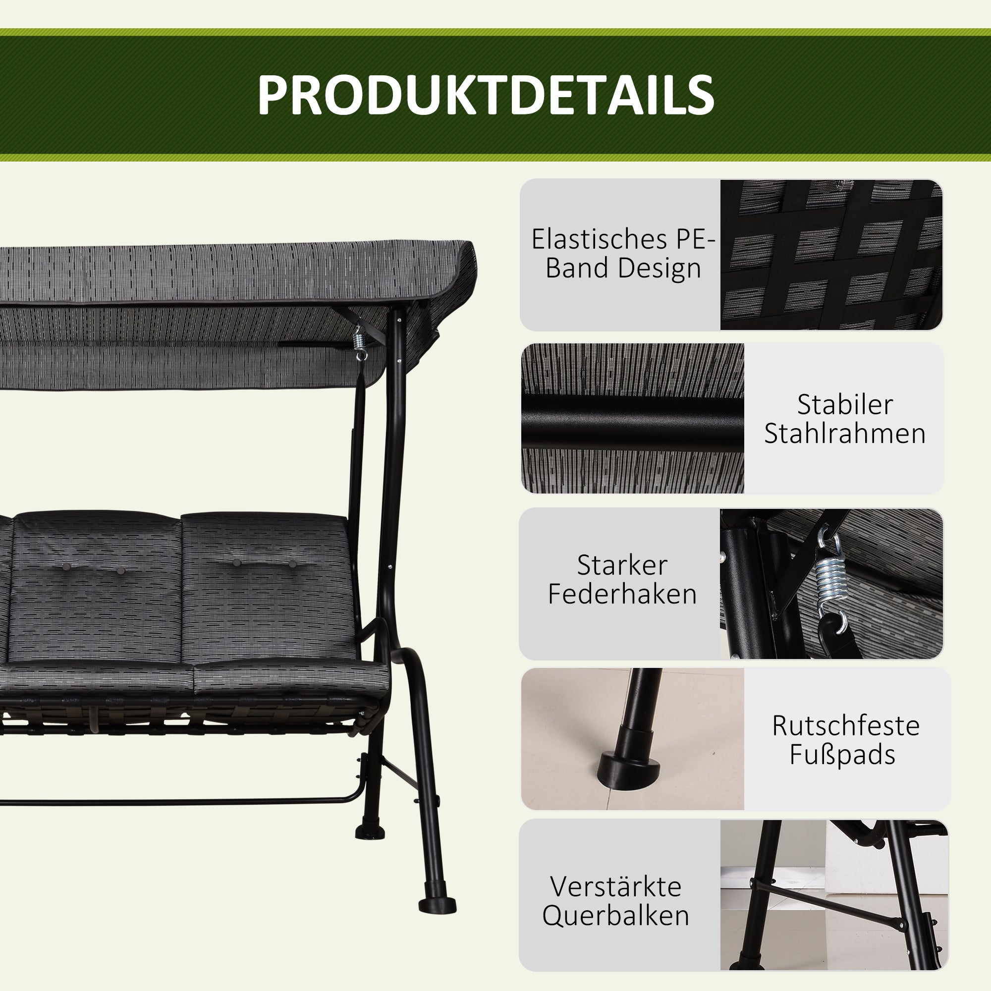 Outsunny Hollywoodschaukel, 3-Sitzer Gartenschaukel, Verstellbares Sonnendach, Texteline Grau 200 x 120 x 170 cm
