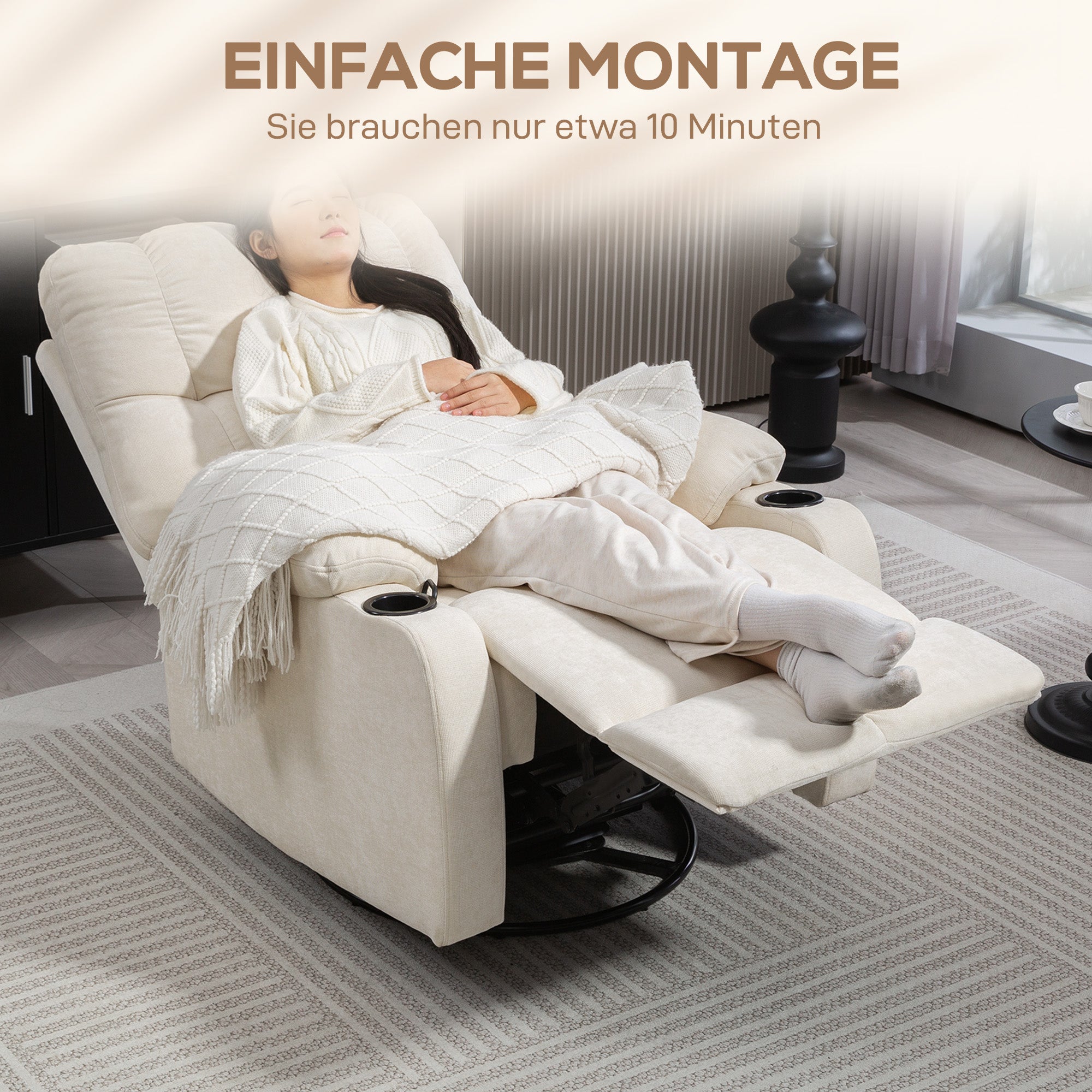 HOMCOM Relaxsessel mit Fußstütze, Liegesessel, drehbar, bis 150 kg, Stahlrahmen, 88x96x108cm, Beige