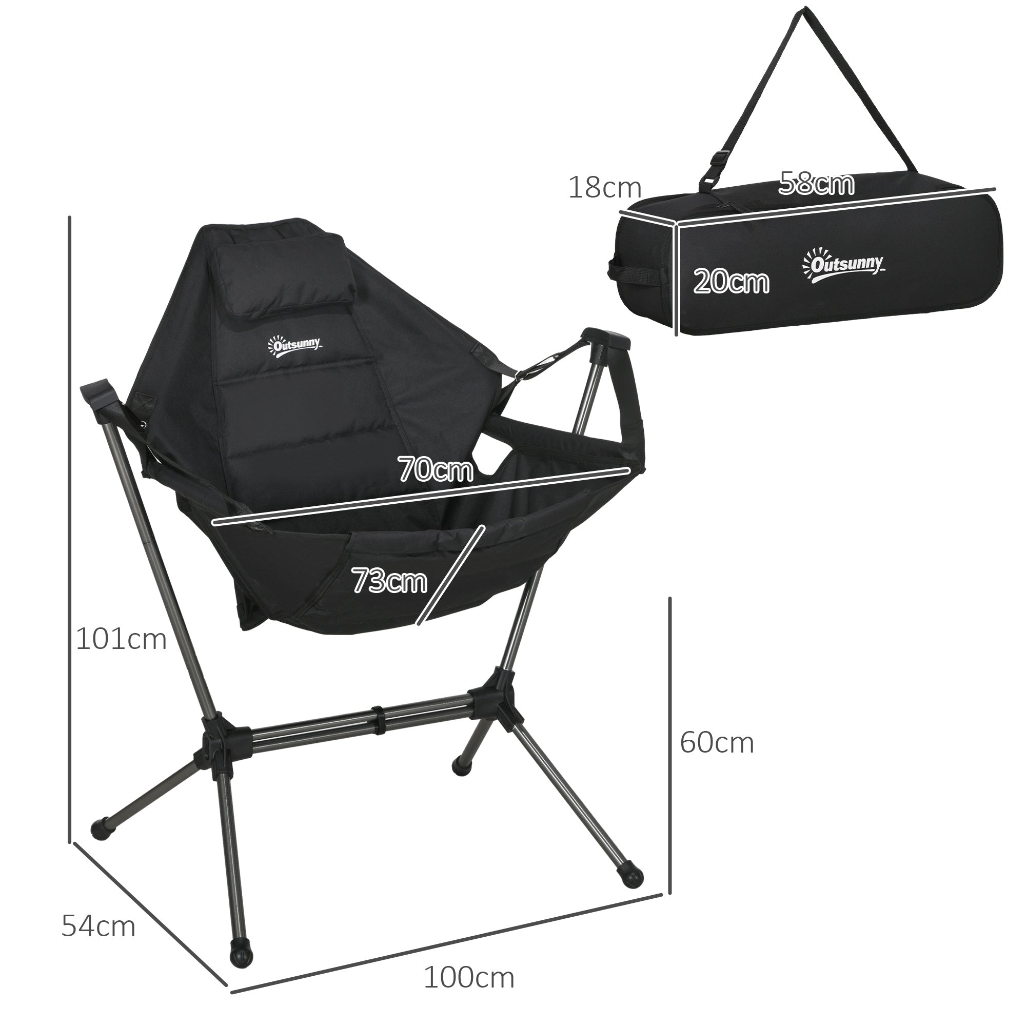 Outsunny Camping-Schaukelstuhl, faltbar, verstellbare Rückenlehne, Aluminiumrahmen, 54 x 100 x 101cm, Schwarz