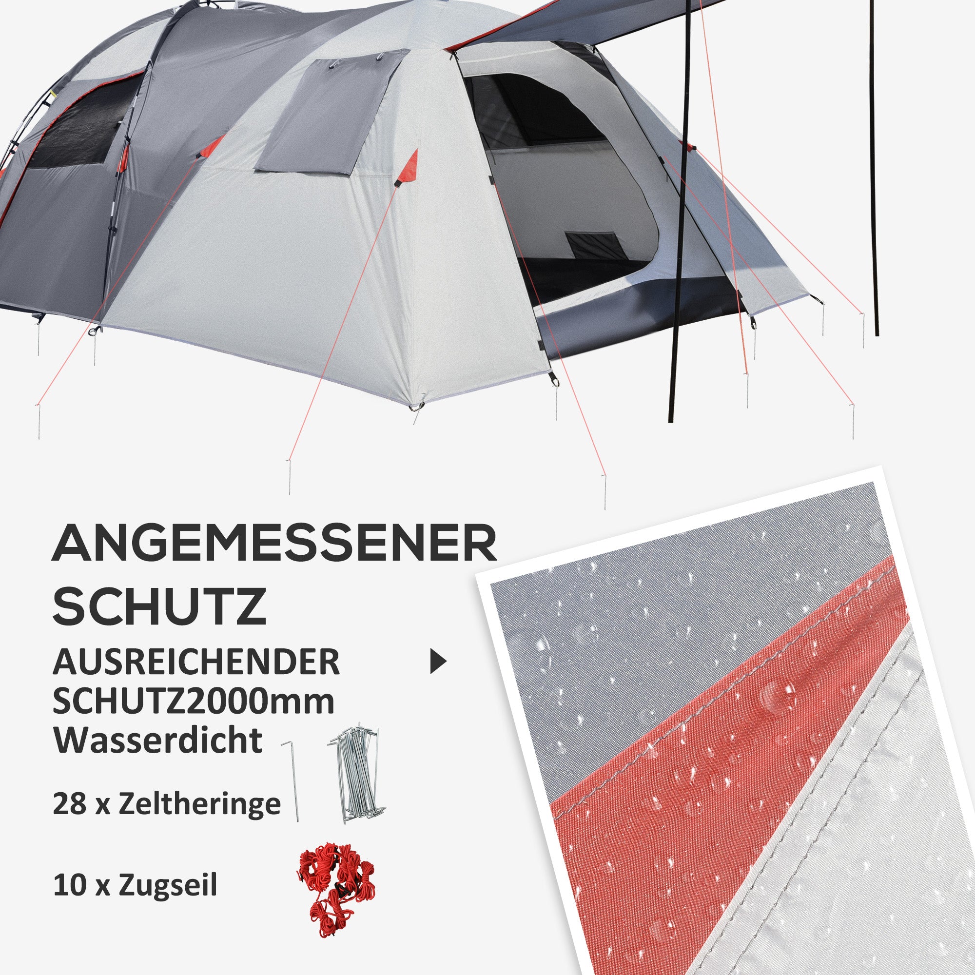 Outsunny Campingzelt für 4-5 Personen, zwei Innenräume, herausnehmbare Bodenmatte, grau, 4,90 x 2,50 x 1,85 m