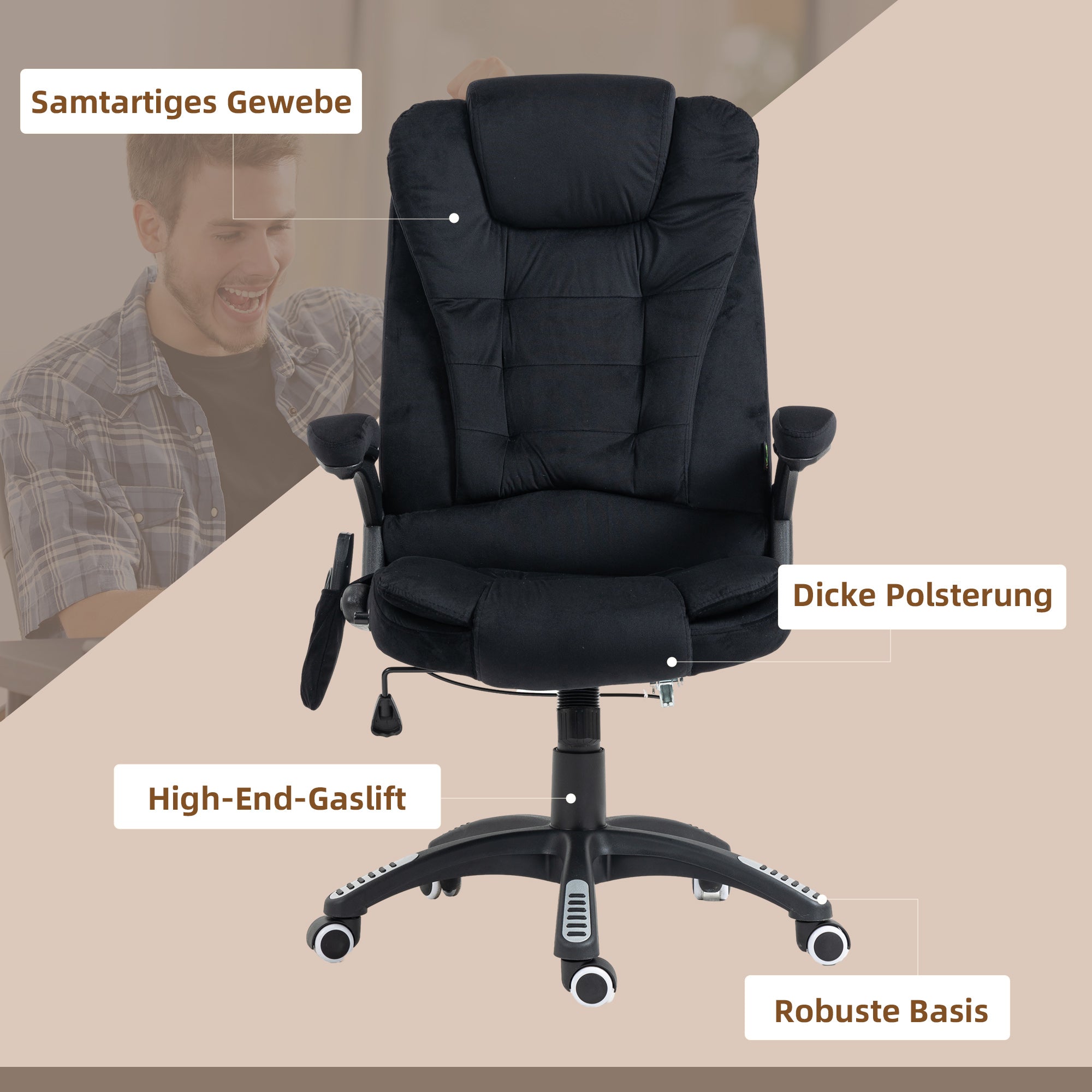 Vinsetto Bürostuhl mit Massage- & Wärmefunktion, ergonomisch, höhenverstellbar, Schwarz