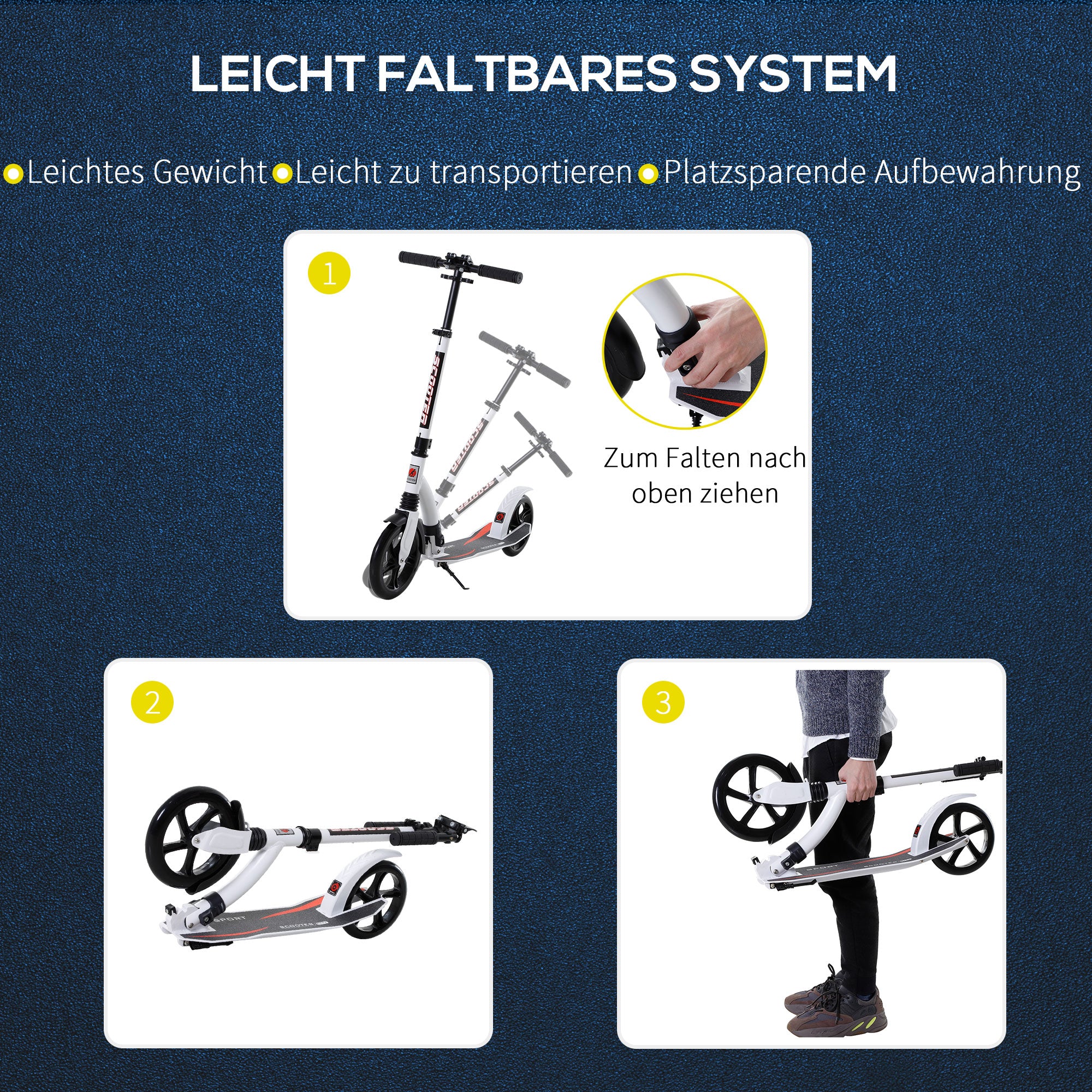 HOMCOM Kinderscooter, Kickscooter mit Stoßdämpfung, Tretroller, Klappbar und Höheverstellbar, ab 14 Jahren, Aluminium, Weiß, 92,5 x 37,5 x 82-97 cm