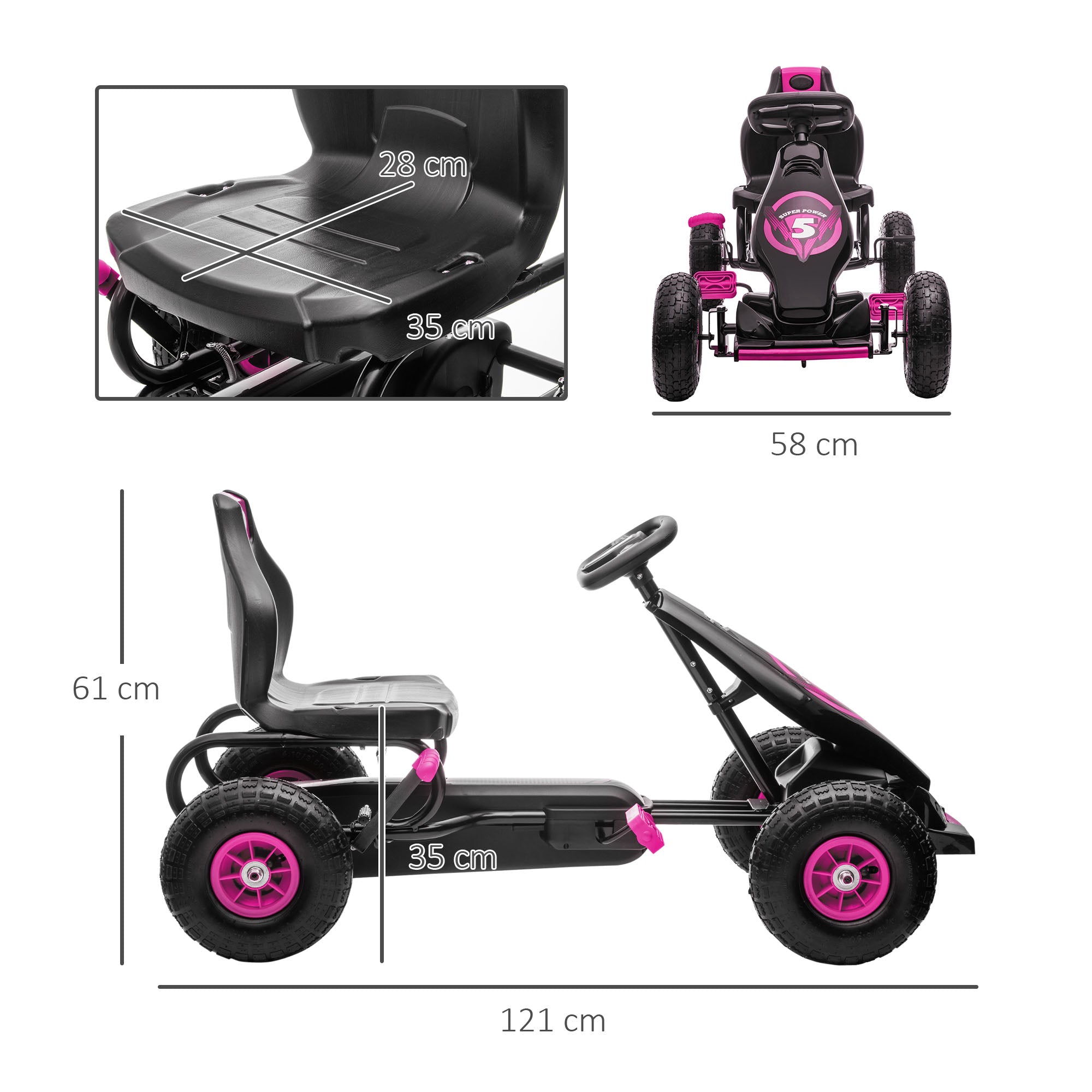 HOMCOM Kinder-Gokart, mit Pedalen, verstellbarem Sitz, In- und Outdoor, ab 5 Jahren, Rosa+Schwarz, 121 x 58 x 61 cm
