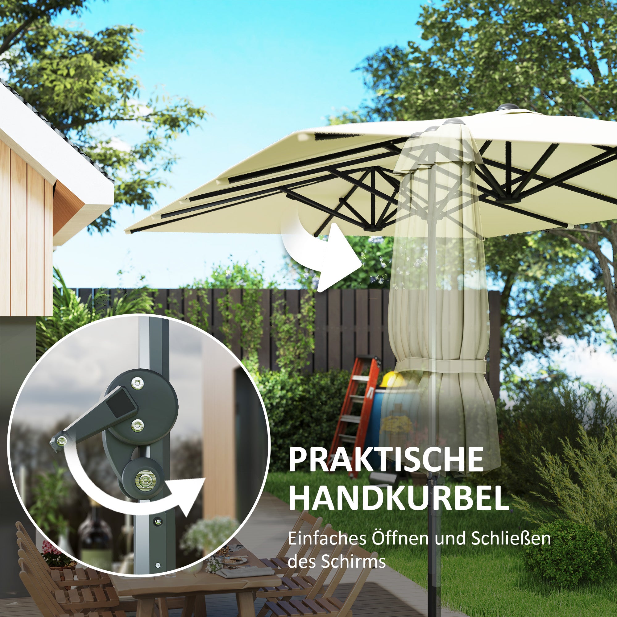 Outsunny Doppelseitiger Schirm, 451 x 264 cm Sonnenschirm mit Kurbelsystem, 12 Metallstreben, Aluminiummast, Cremeweiß