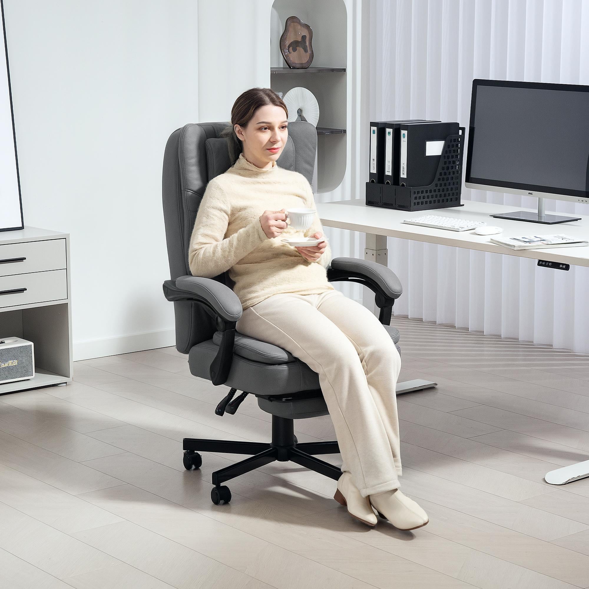 HOMCOM Bürostuhl mit Massagefunktion, höhenverstellbarer Schreibtischstuhl mit neigbarer Rückenlehne, gepolstert, rollbar, Grau