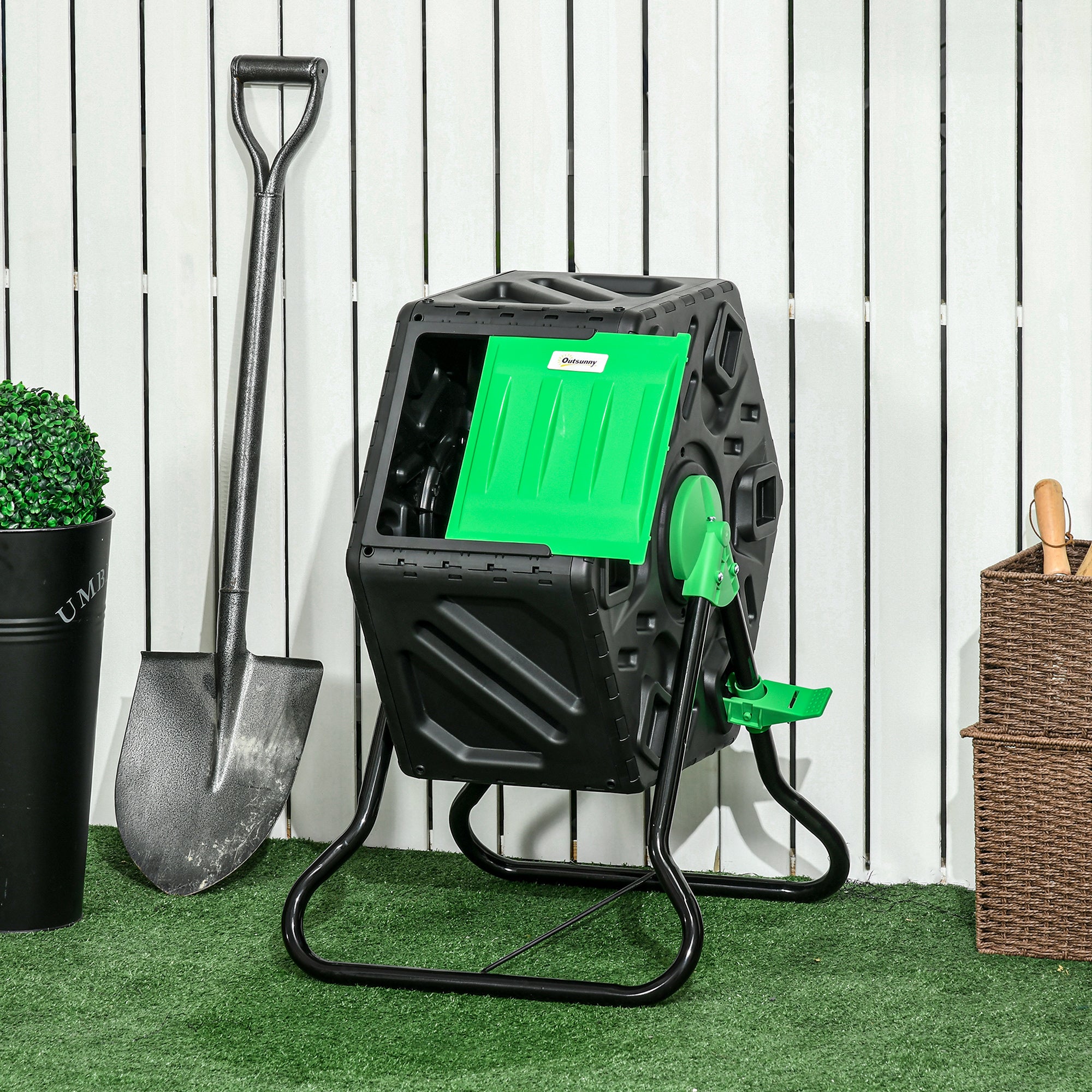 Outsunny Kompostbehälter, 65 Liter Komposter, drehbar, kompakt, 24 Belüftungslöcher, Stahl, Kunststoff, Grün+Schwarz