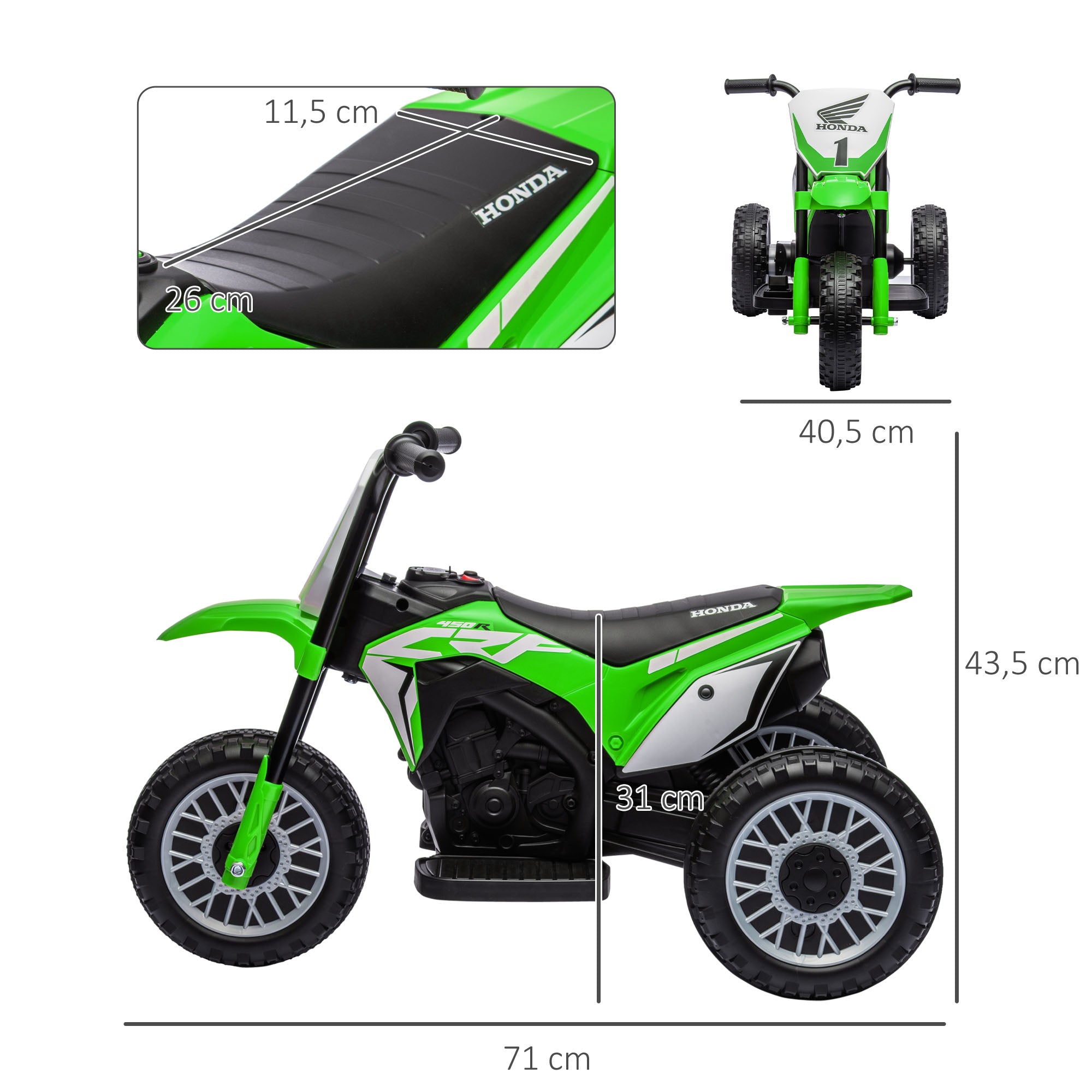 HOMCOM Elektro Kindermotorrad Honda, 3 km/h, Soundeffekte, für 18-36 Monate, Grün
