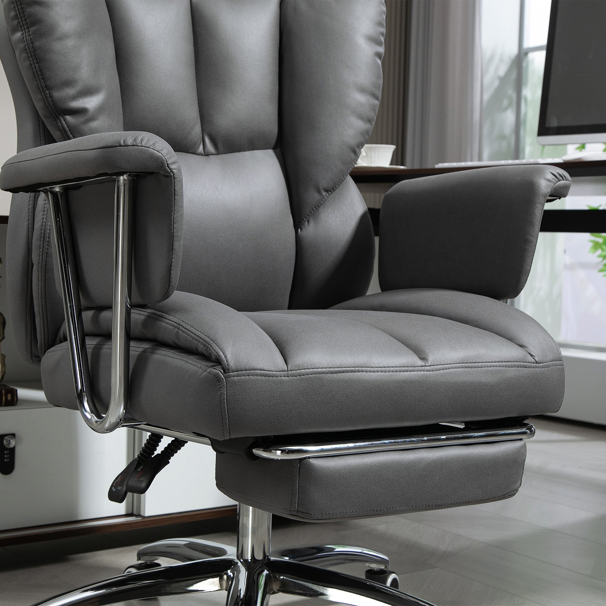 HOMCOM Ergonomischer Bürostuhl, gepolstert, mit Fußstütze, verstellbarer Lehne, 360° drehbar, Dunkelgrau
