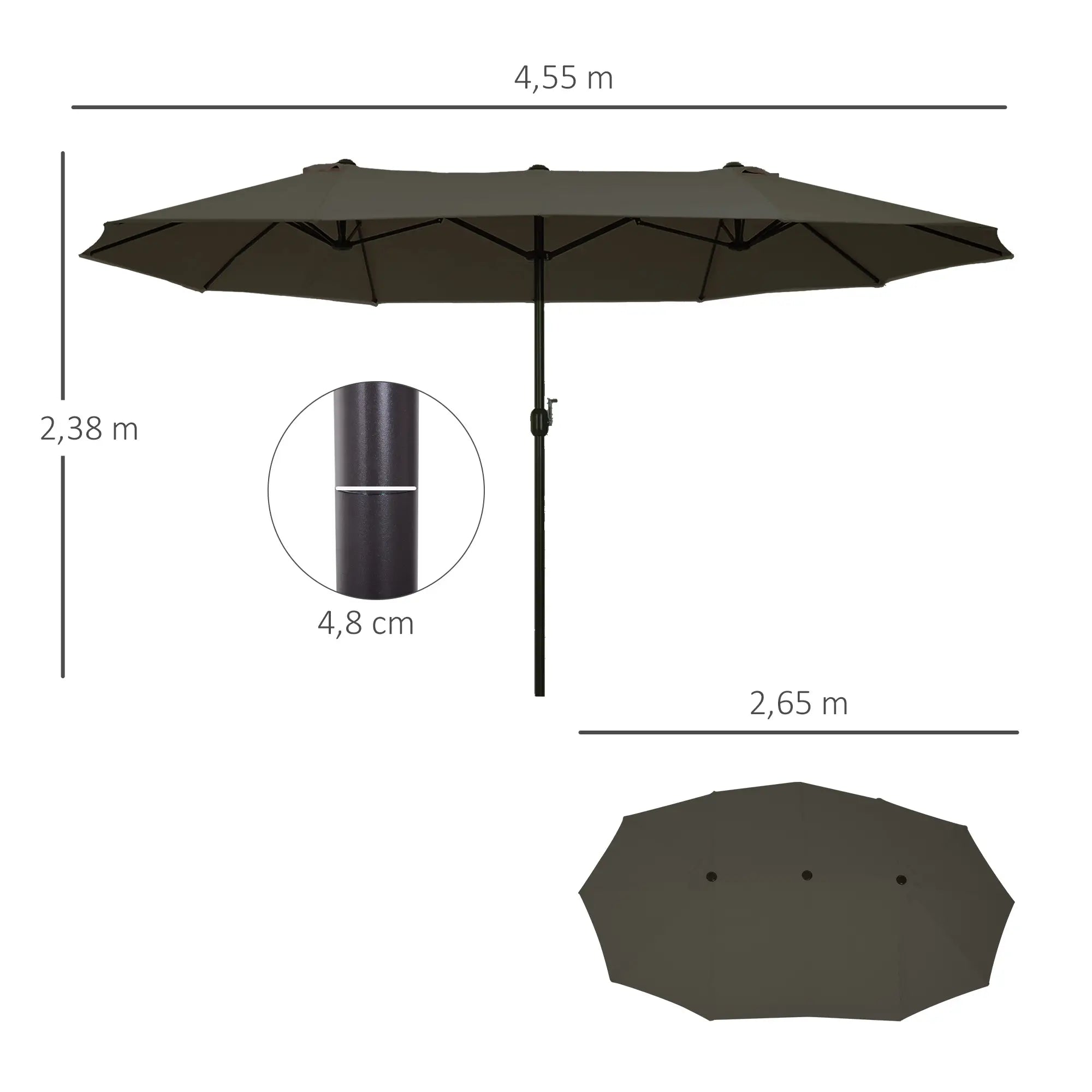 Outsunny Doppelsonnenschirm 455 x 265 cm, UV Schutz Sonnenschirm mit Handkurbel, Balkonschirm Strandschirm windfest Kurbelschirm Sonnenschutz für Strand Balkon Garten, Grau