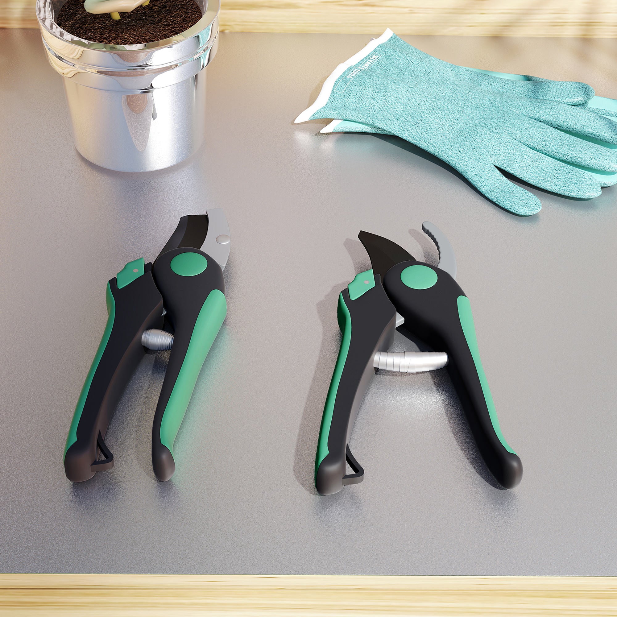 Outsunny Gartenwerkzeug Set 2 Stück Garten Werkzeug aus Metall Gartengeräte mit Gartenschere Grün+Schwarz