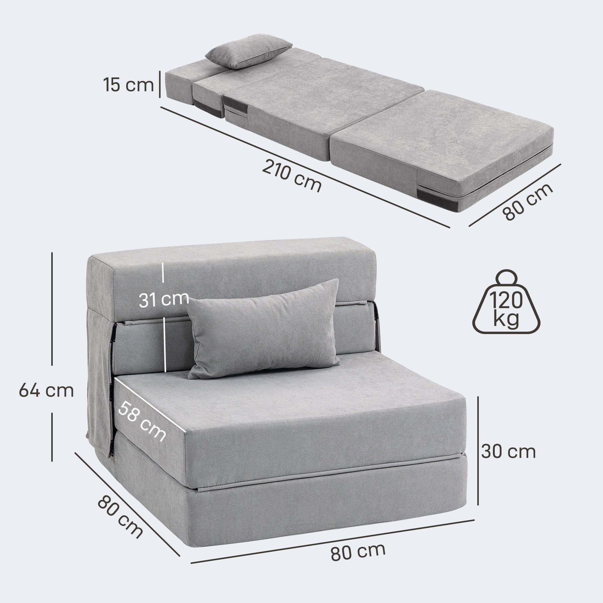 HOMCOM Bodensofa, Polstercouch, in Matratze umwandelbar, Schaumstoff, Kissen, Hellgrau