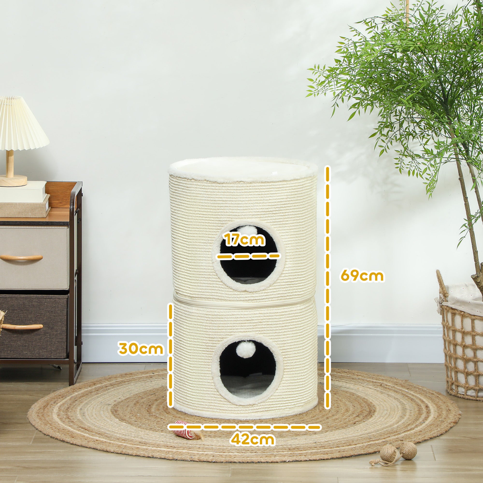 PawHut Kratztonne, 3 Ebenen, mit Kissen, Kratzmatte, Spielbällen, Katzenhaus für Innenbereich, Cremeweiß