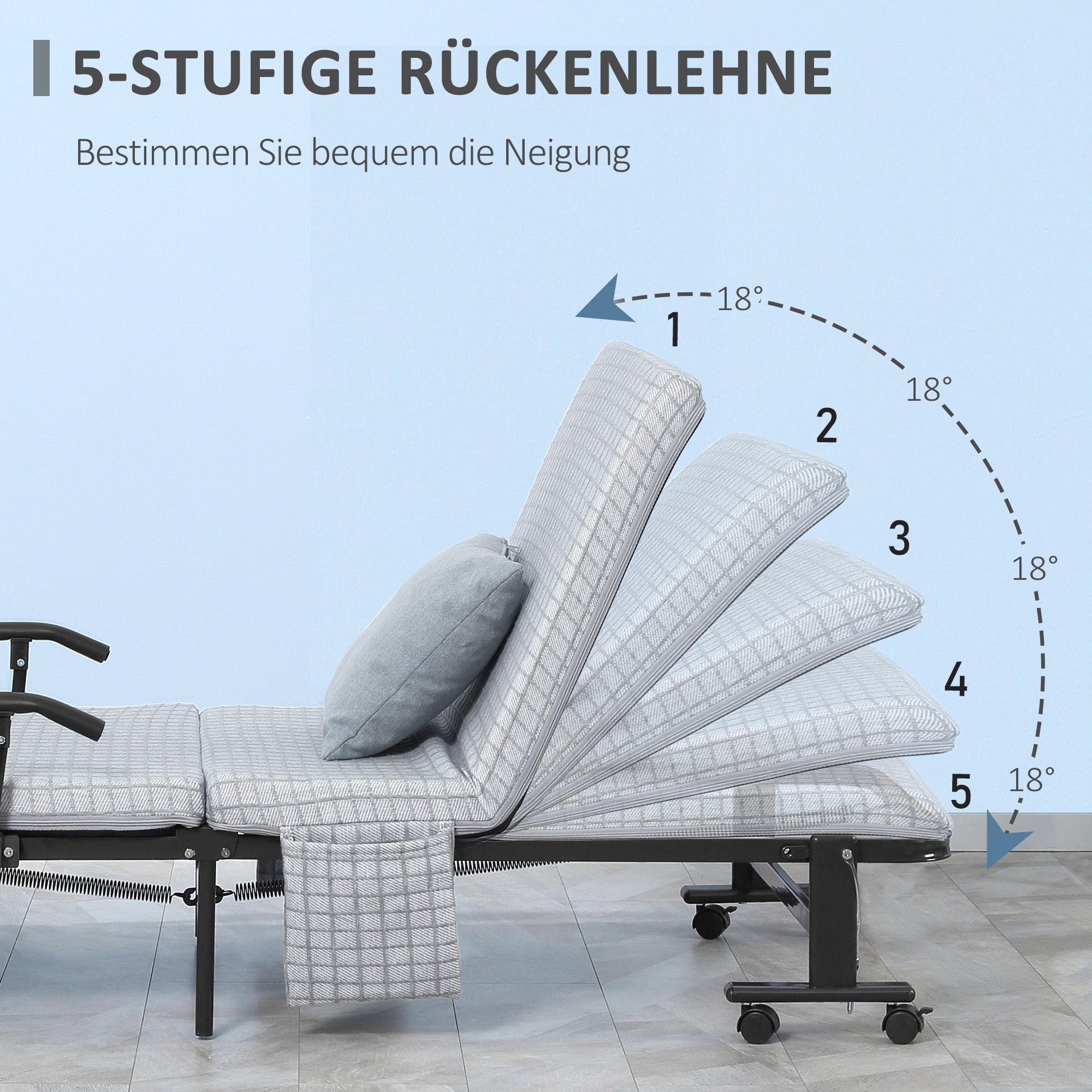 HOMCOM Klappbett, Gästebett, neigbare Rücklehne, Armlehnen, 8 Rollen, Stahlrahmen, hellgrau+schwarz, 190 x 76 x 33cm