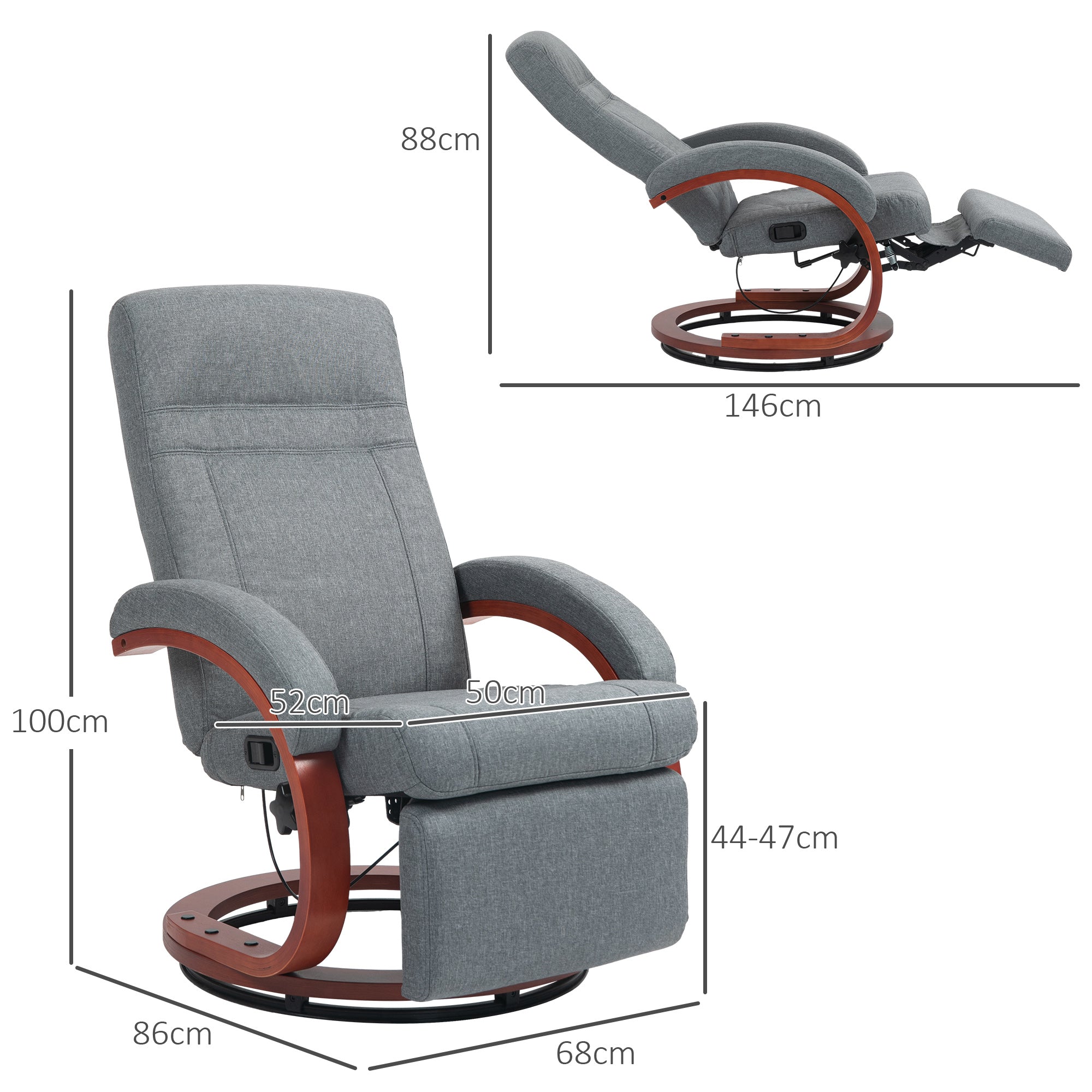 HOMCOM Relaxsessel mit klappbarer Fußstütze, drehbar, neigbare Lehne, Leinenoptik, bis 140 kg, Grau
