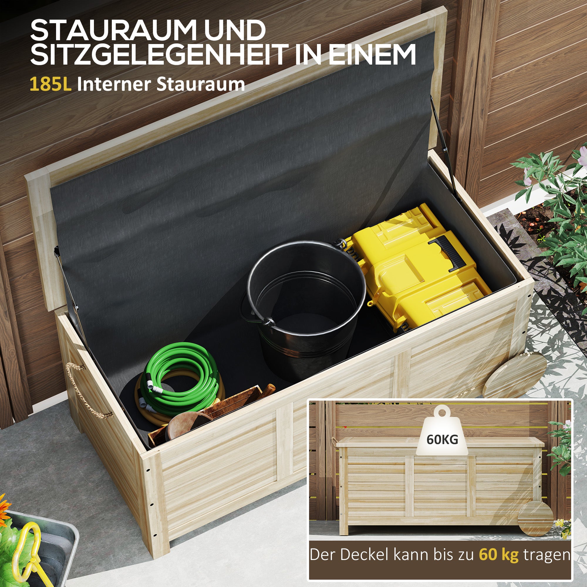 Outsunny 185 L Außenlagerbox, Lagerkiste mit Rädern, wetterbeständig, Tannenholz, 110 x 50 x 50 cm, Hellbraun