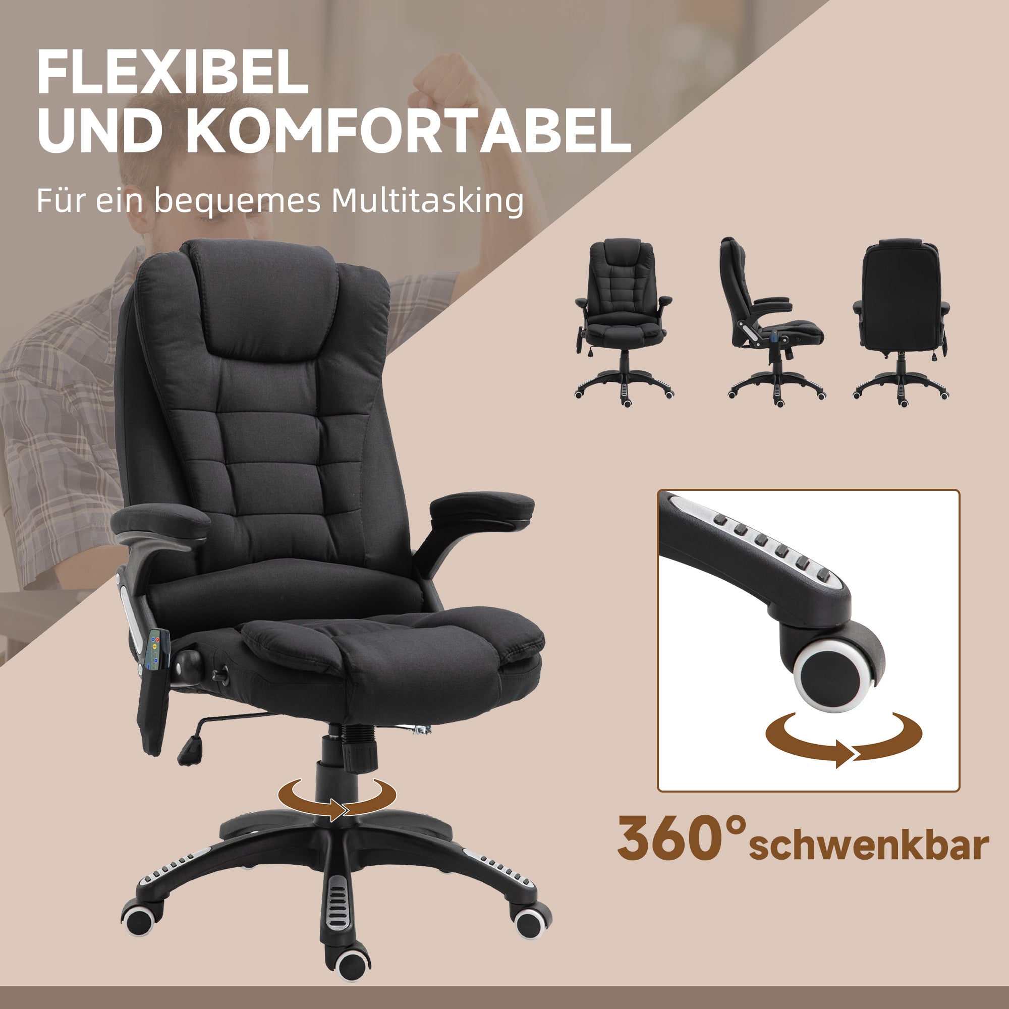 Vinsetto Bürostuhl mit Vibrationsmassage, Ergonomisch Schreibtischstuhl mit Heiz-, Liegefunktion, Höhenverstellbar Chefsessel mit Fernbedienung, Seitentasche, Leinenoptik, Schwarz