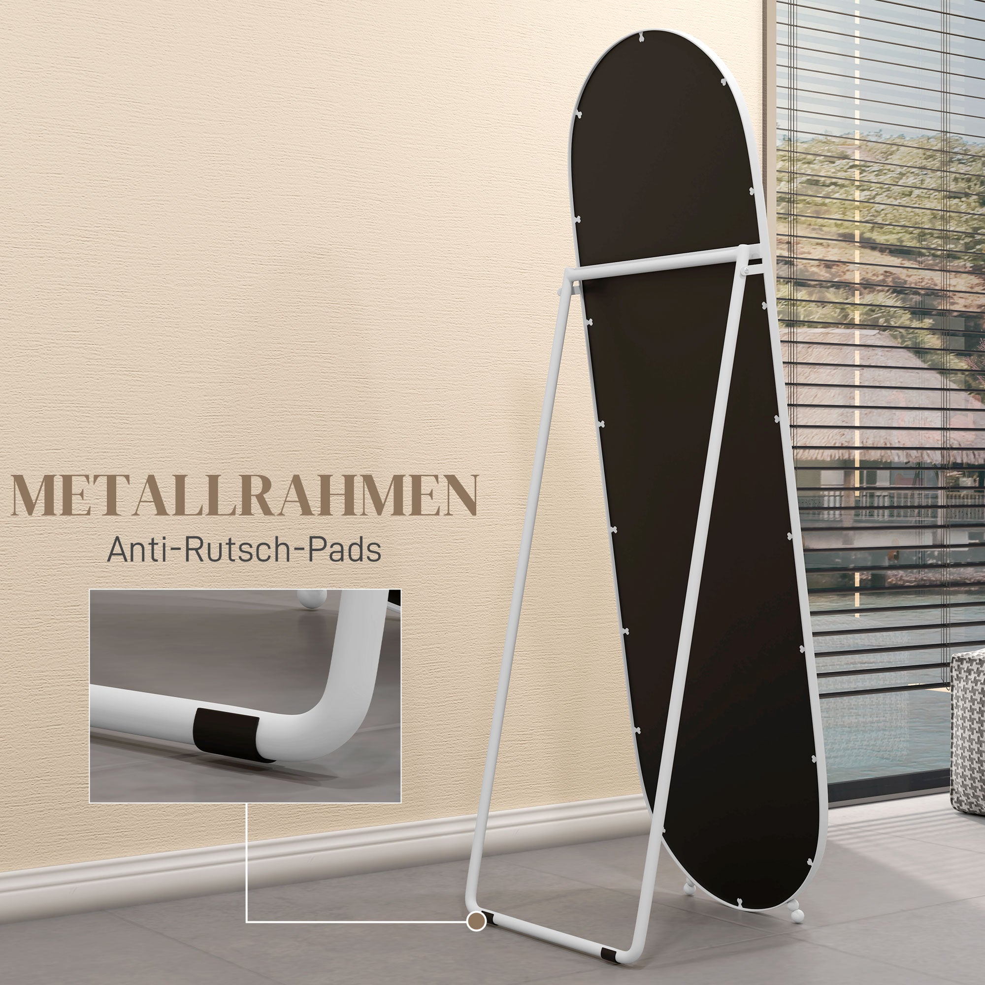 HOMCOM Ganzkörperspiegel, ovale Form, freistehend, Metallrahmen, 40x160cm, Farbe: Weiß