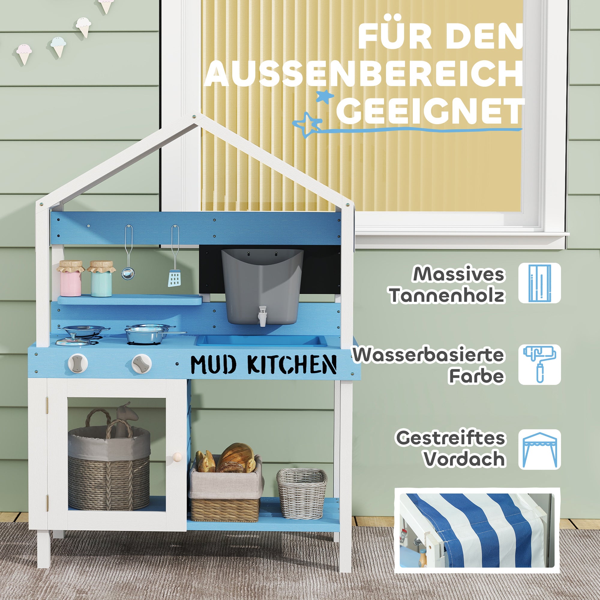 AIYAPLAY Outdoor-Spielküche für Kinder mit Sonnendach, Kochgeschirr-Set, Massivholz, Blau