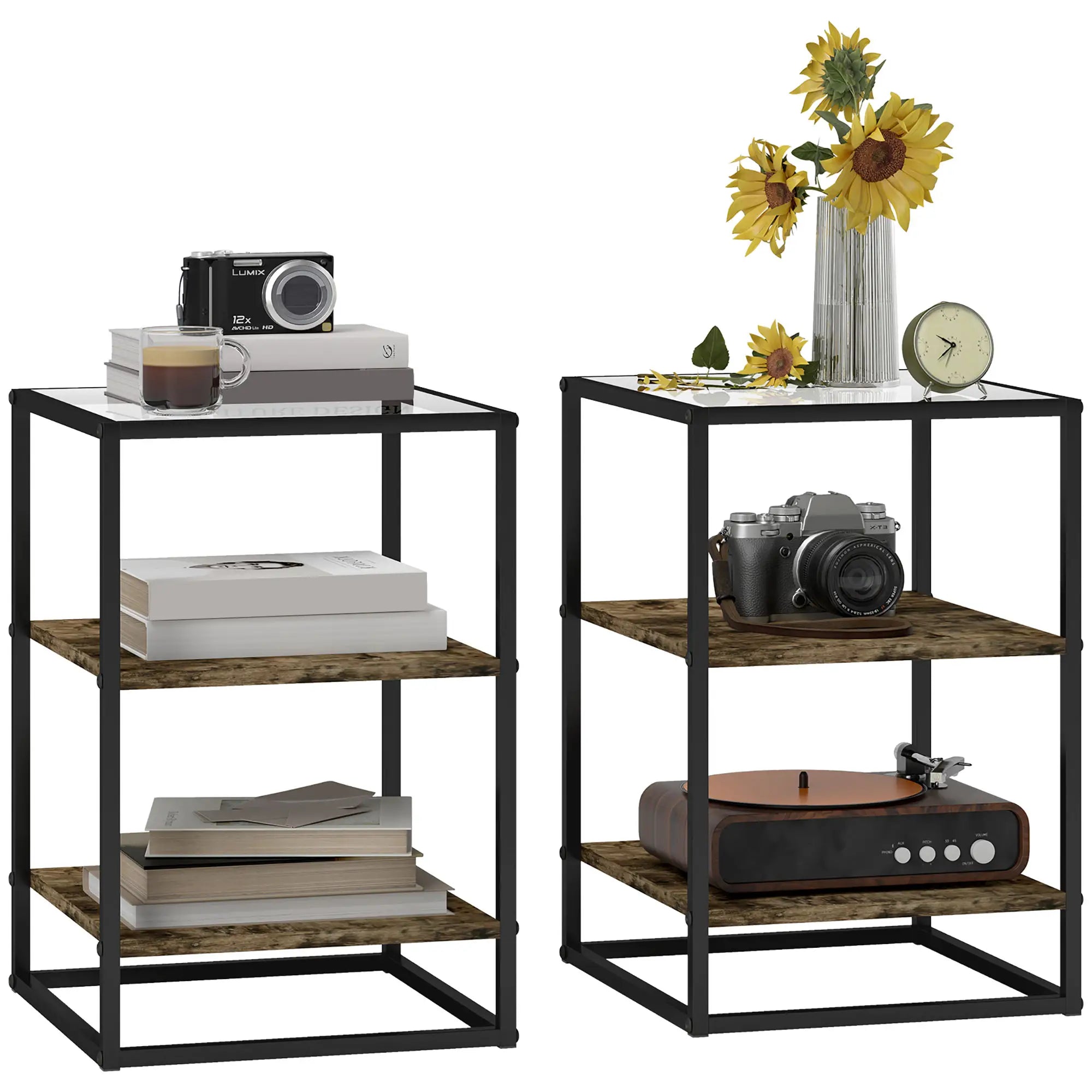 HOMCOM 2er-Set Beistelltische mit Glasplatte, 3-stufiges Design, Metallrahmen, für Wohnzimmer, Schlafzimmer, Braun