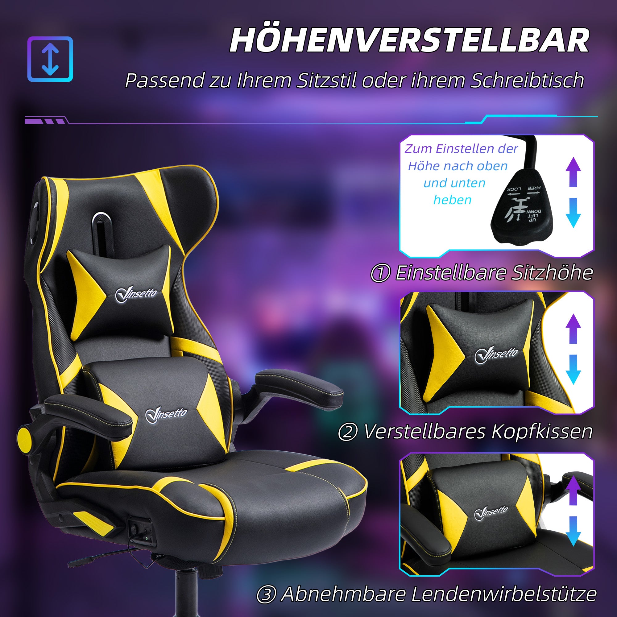 Vinsetto Gaming Stuhl mit Schaukelfunktion und Lautsprecher, Lenden- und Nackenstütze, für Spielzimmer, Kunstleder, Gelb+Schwarz