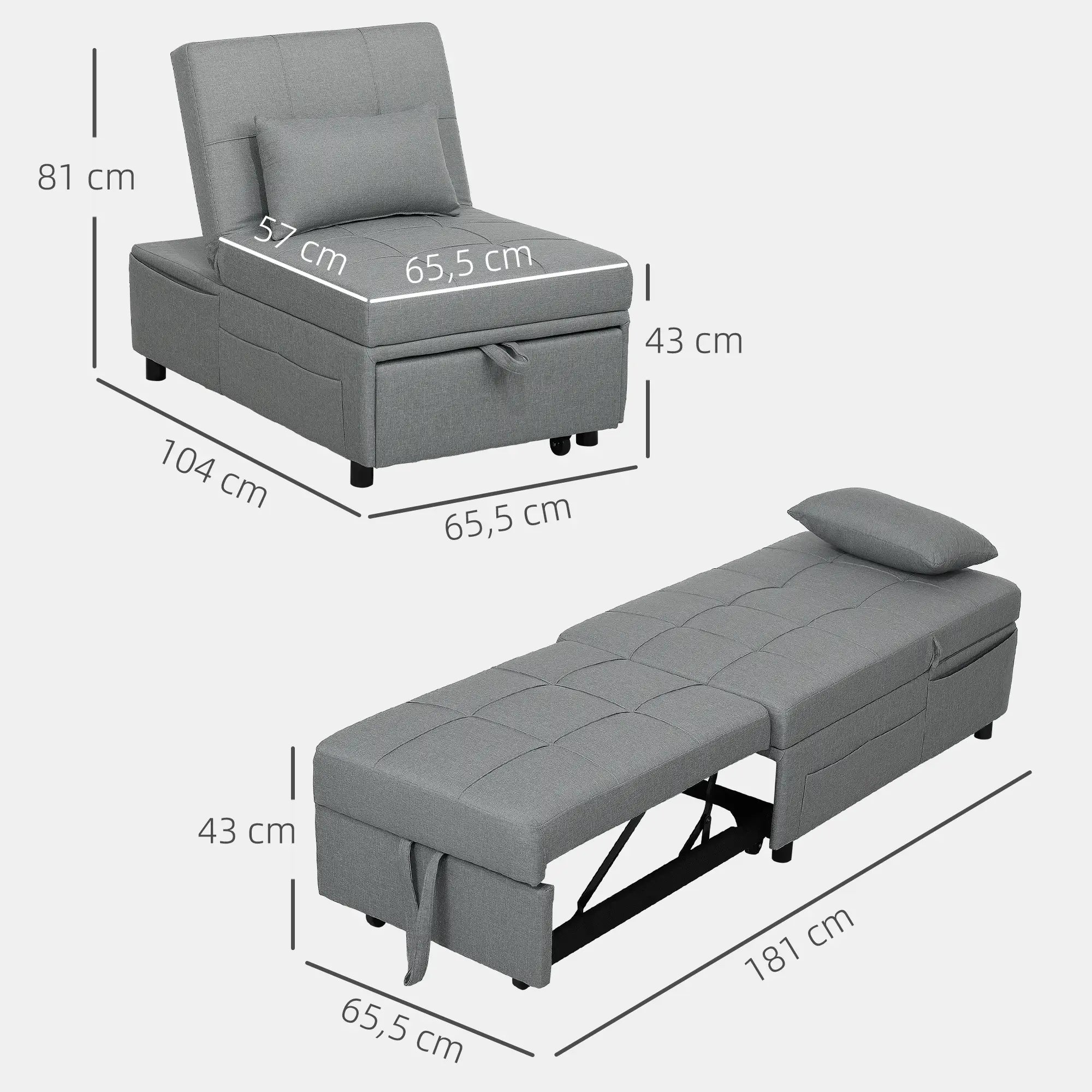 HOMCOM 3-in-1 Klappsessel mit Seitentasche, Gästebett mit Kissen, Verstellbarer Rückenlehne, Bettsessel mit Rollen, Hellgrau