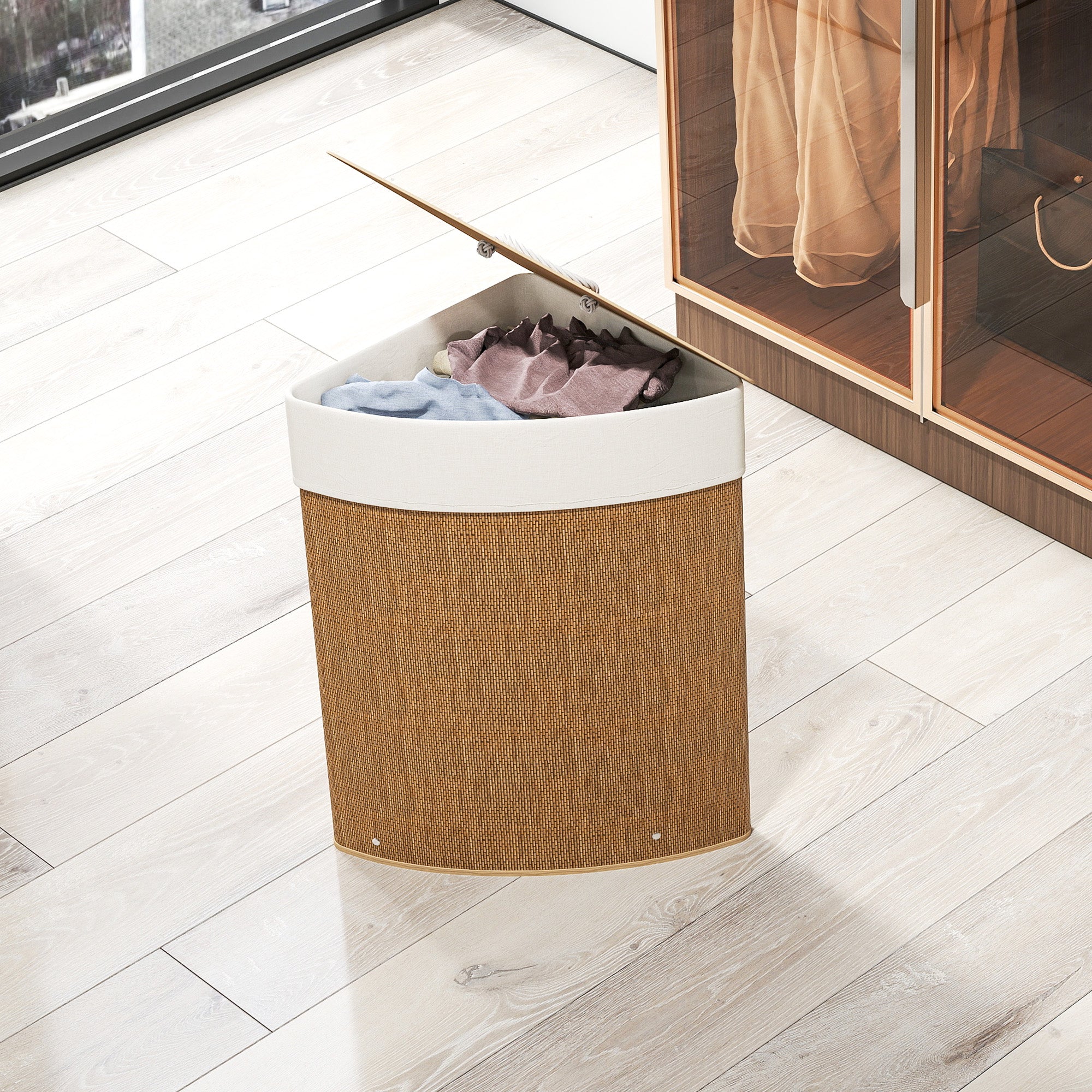 HOMCOM Wäschekorb im Eckdesign, Bambusgeflecht, 55 Liter, Stoffbeutel, Metallrahmen, Braun
