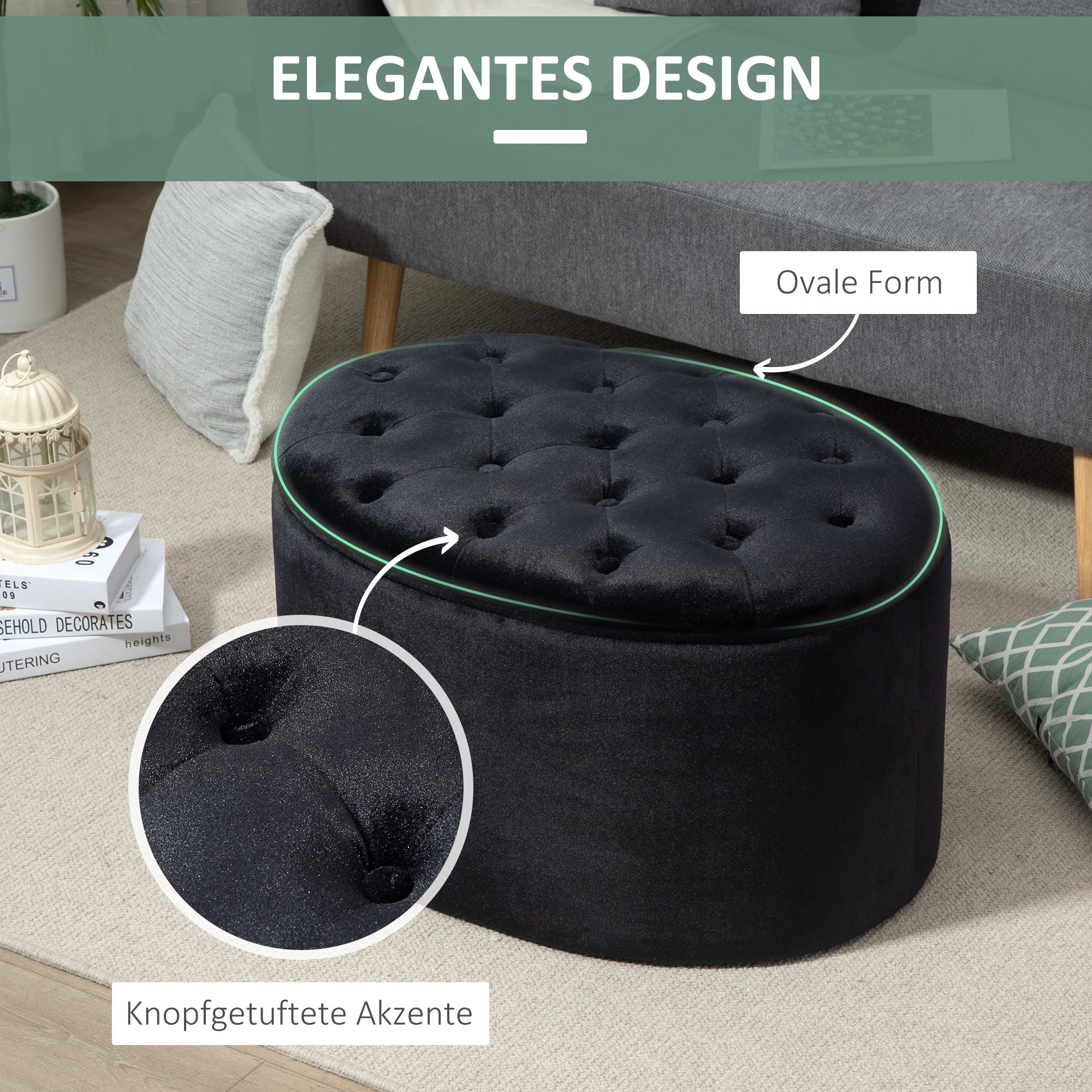 HOMCOM Sitzbank mit Stauraum Polsterbank mit Samtoptik, Sitztruhe Ovale Form, Truhenbank für Wohnzimmer Schlafzimmer Flur 71 x 52 x 42 cm, Schwarz