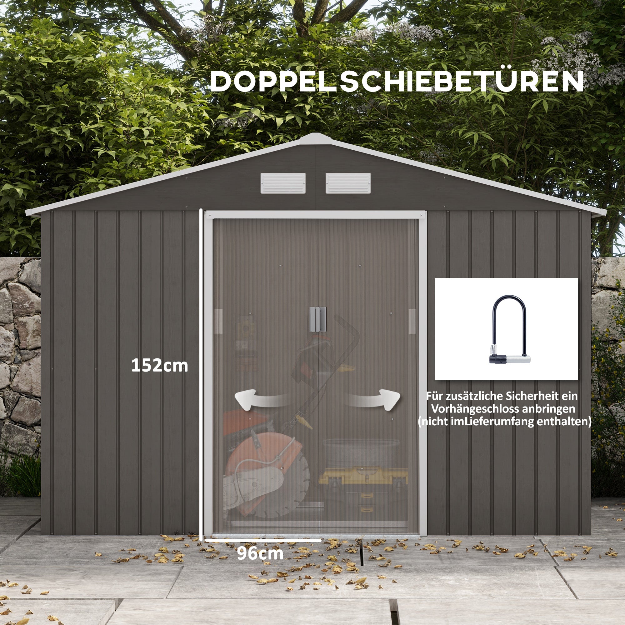 Outsunny Geräteschuppen mit Schiebetüren 2,77 x 1,95 x 1,92cm Metall Grau