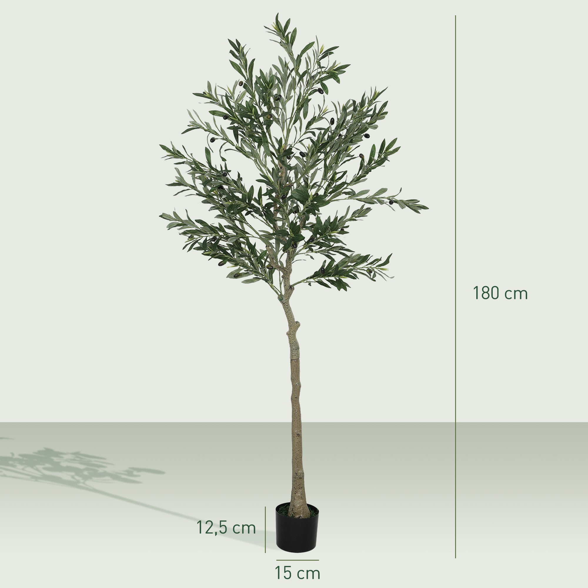HOMCOM Kunstpflanze, Künstlicher Olivenbaum, 180 cm, 900 Blätter, 40 Oliven, stabiler Blumentopf, Dekorationspflanze, Grün