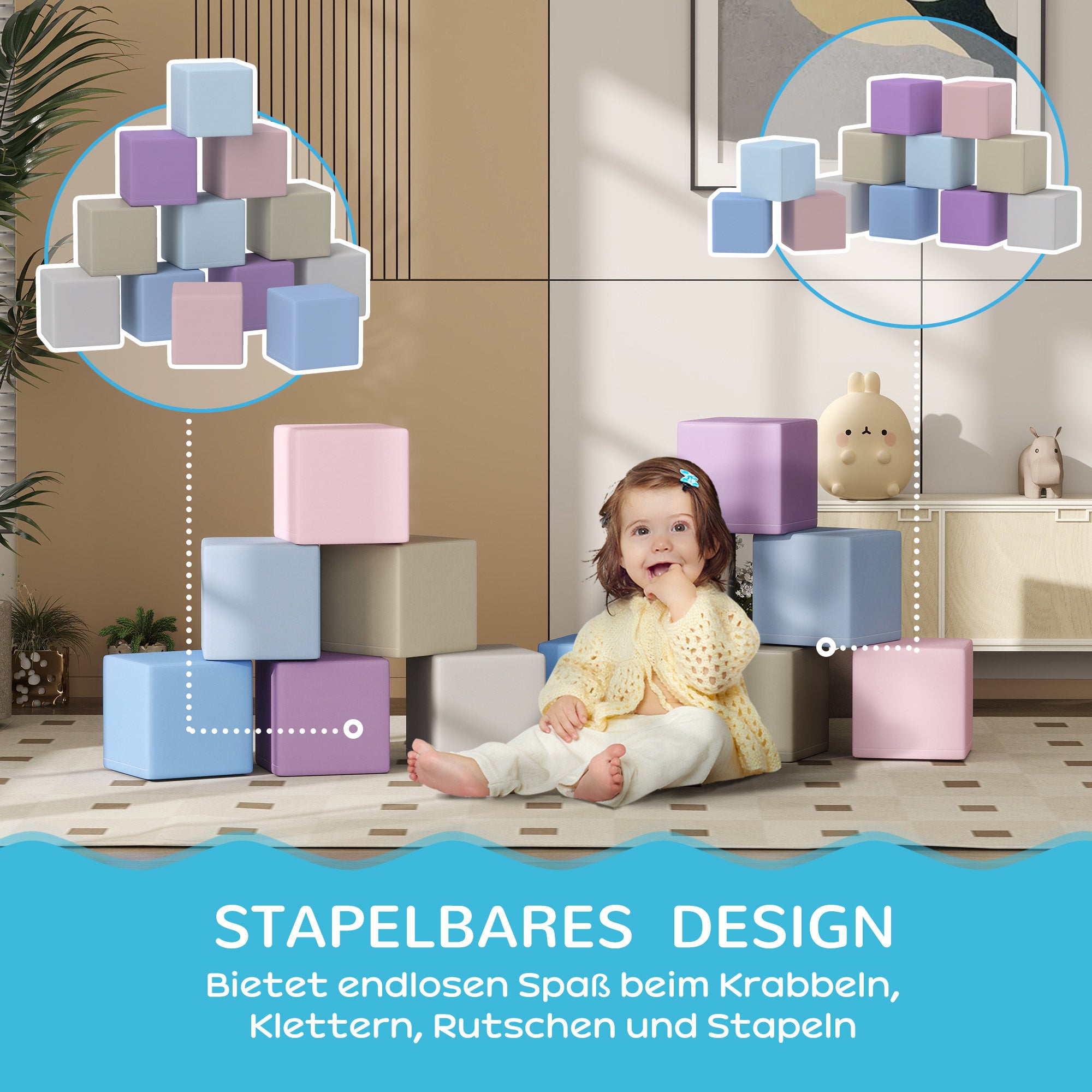 HOMCOM Softbausteine, 12 Würfel á 20 x 20 x 20 cm, pflegeleicht, kindersicher, für 1-3 Jahre, Kunstleder