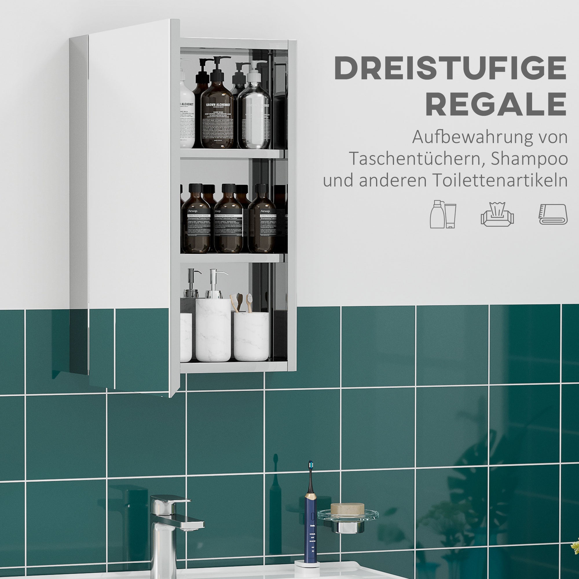 kleankin Spiegelschrank, Badschrank, 3 Regalfächer, rostfreier Metallrahmen, 39x12x60cm, Silber