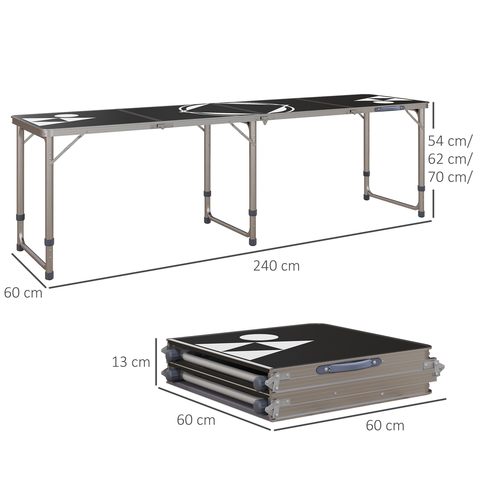 Outsunny Campingtisch, klappbar, leicht, höhenverstellbar, Aluminiumrahmen, 240 x 60 x 54/62/70 cm, Schwarz