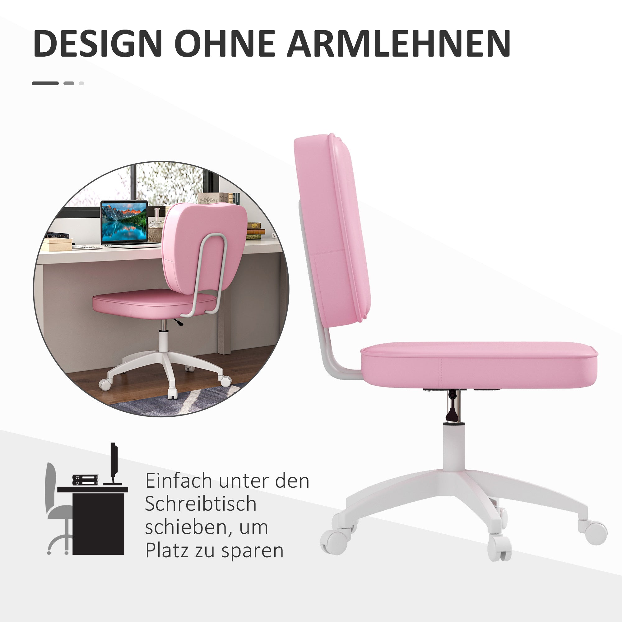 Vinsetto Bürostuhl ohne Armlehnen, höhenverstellbar, drehbar, bis 120 kg, Kunstleder, Rosa