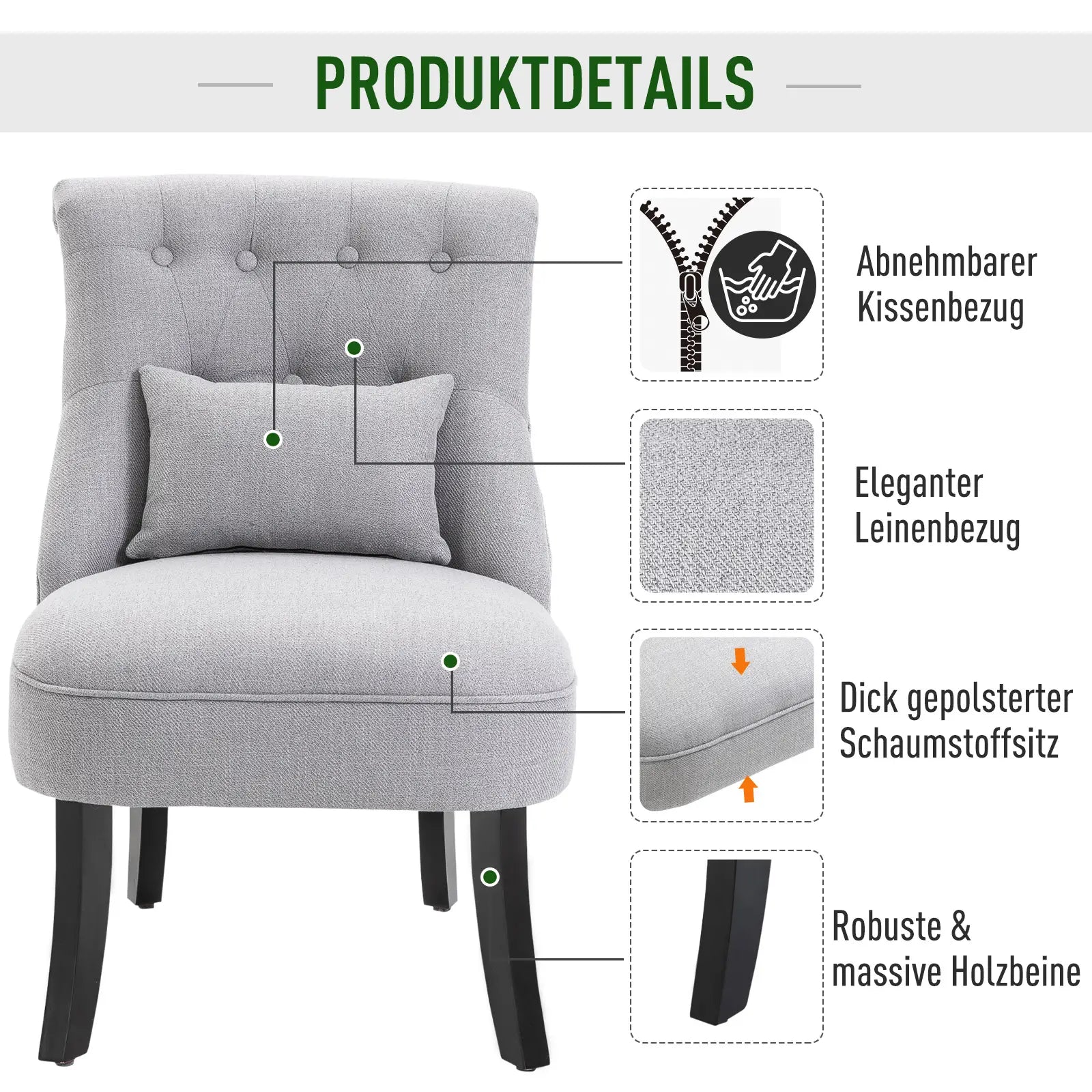 HOMCOM Polstersessel Vintage-Stil mit Rückenkissen Leinenoptik Grau