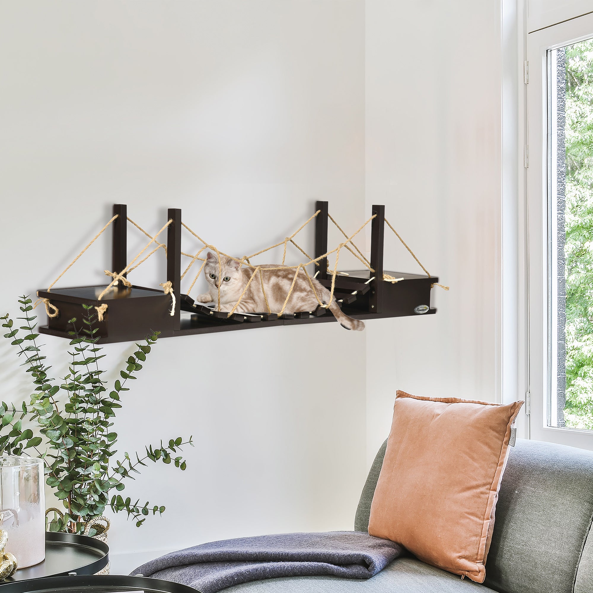 PawHut Katzenregal Brückenform Kletterwand Spielplatz