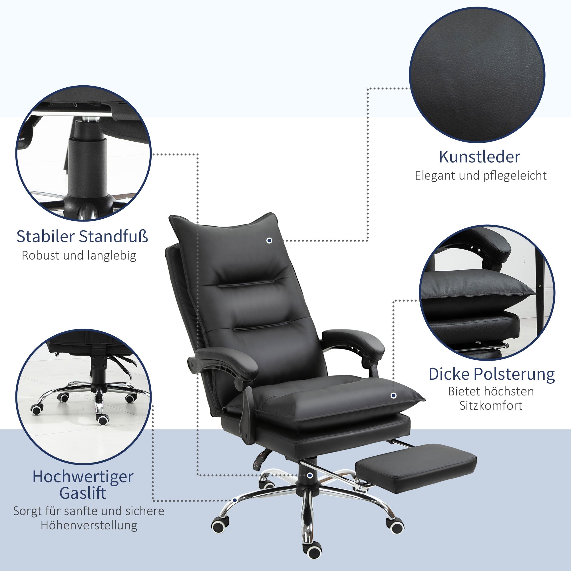 Vinsetto Bürostuhl mit Liegefunktion, ergonomisch Schreibtischstuhl, höhenverstellbar Drehstuhl mit Fußstütze, gepolstert, bis 135 kg belastbar, für Büro, Arbeitszimmer, Schwarz