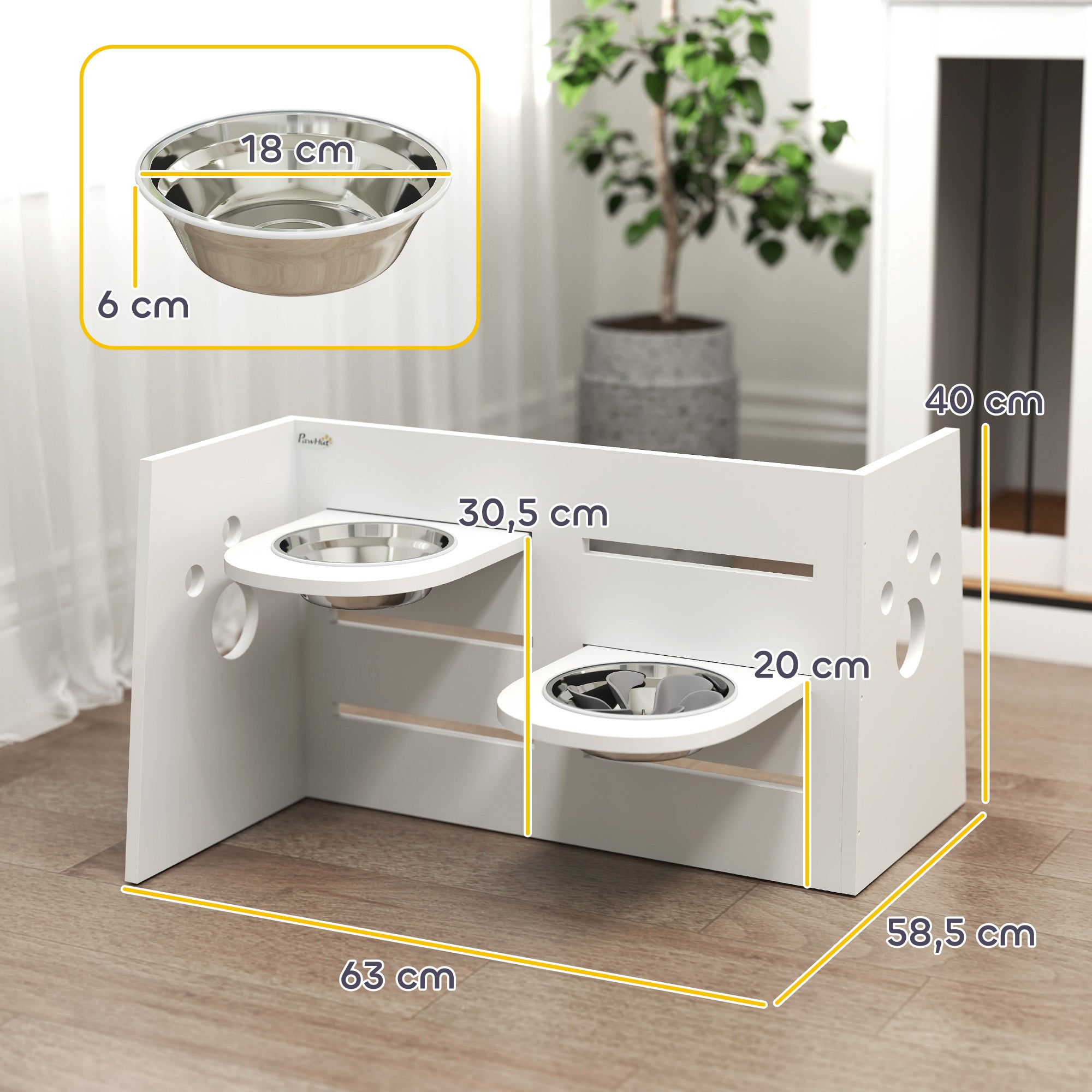 PawHut Hundefutternapf-Gestell, verstellbare Futternäpfe mit separatem Design, 2 Edelstahlschüsseln, Anti-Schling-Matte, Weiß