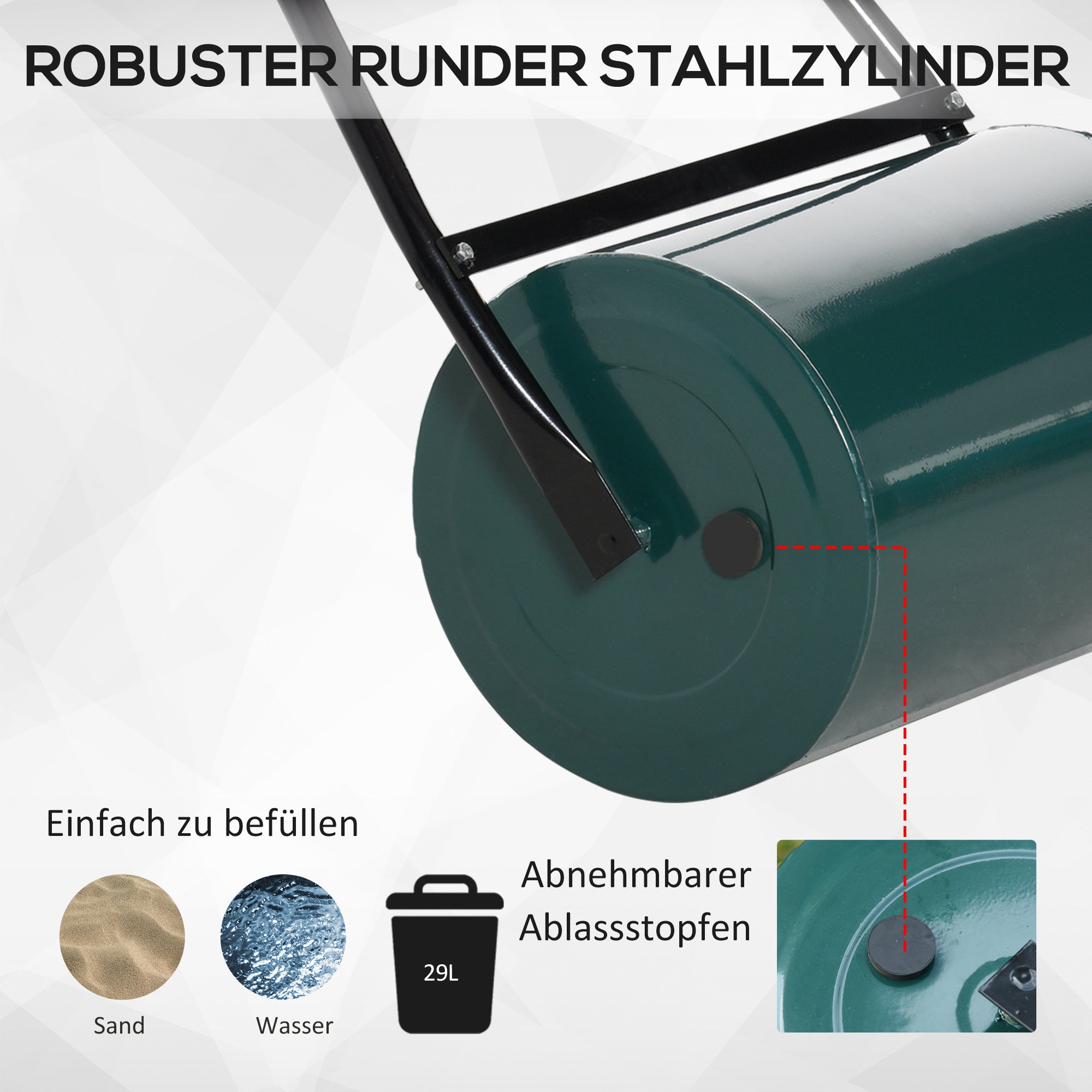 Outsunny Rasenwalze Gartenrolle Gartenwalze mit U-Griff 31 cm Durchmesser 30 cm Arbeitsbreit 40 L Wasser-/Sandfüllunge Metall Grün
