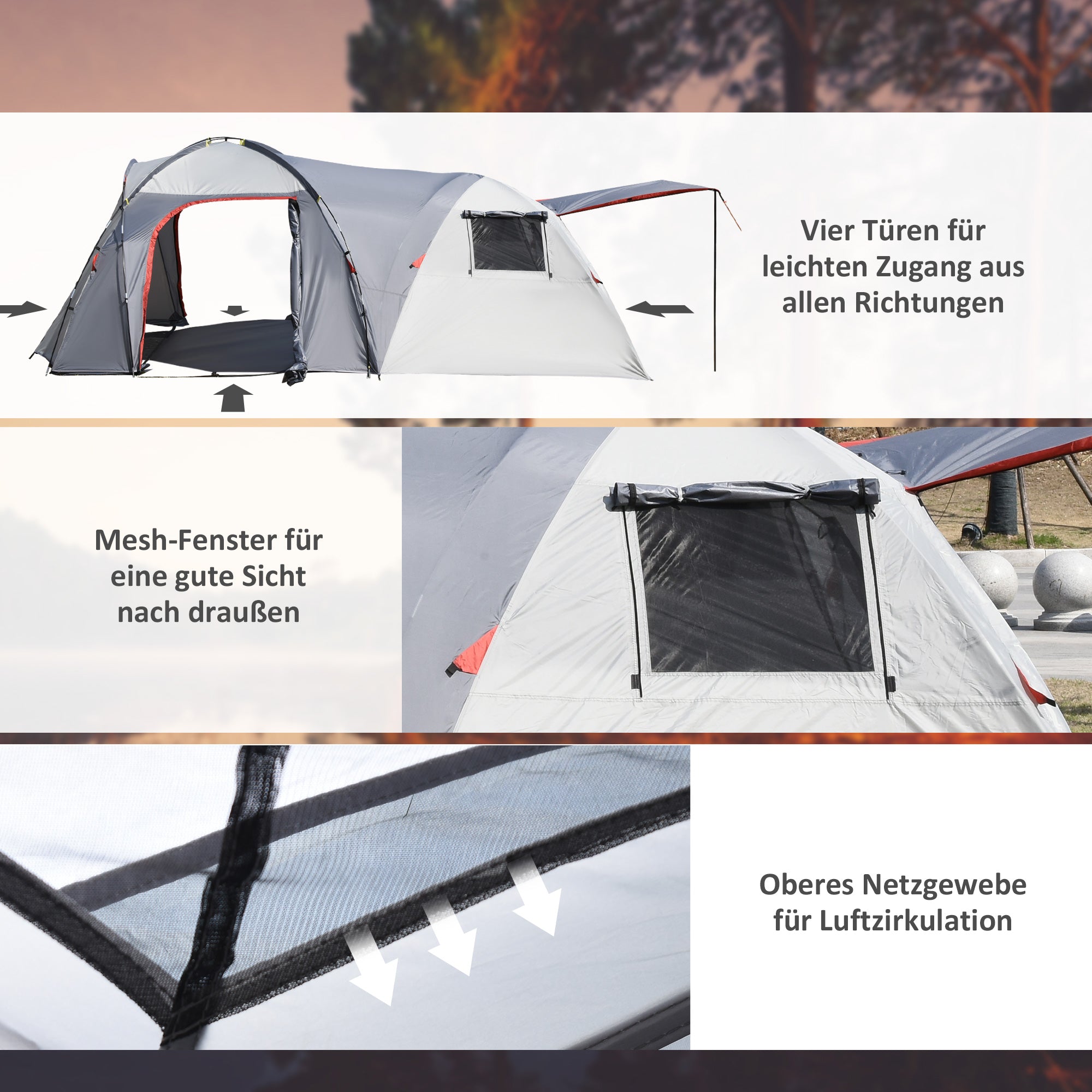 Outsunny Campingzelt für 4-5 Personen, zwei Innenräume, herausnehmbare Bodenmatte, grau, 4,90 x 2,50 x 1,85 m