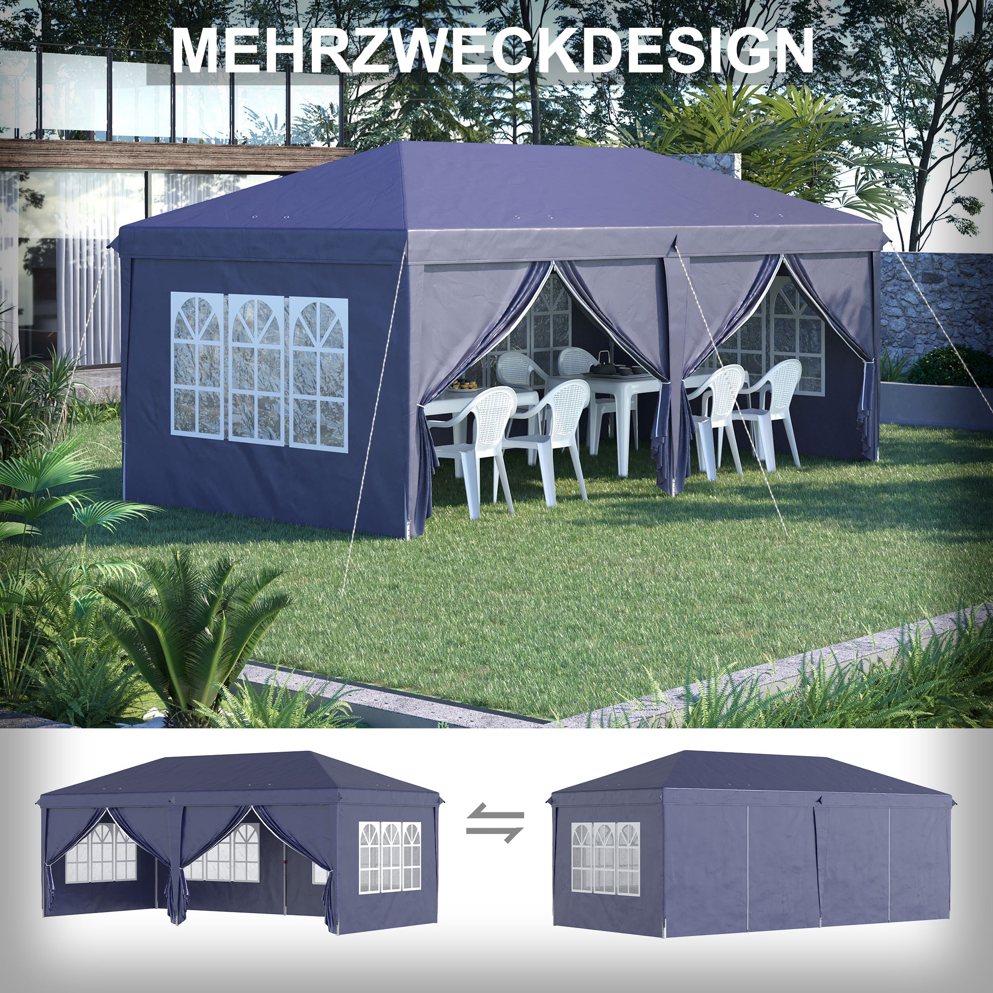 Outsunny Faltpavillon 6 x 3 m, abnehmbare Seitenwände, große Fenster, Reißverschlusstüren, Stahlrahmen, Blau