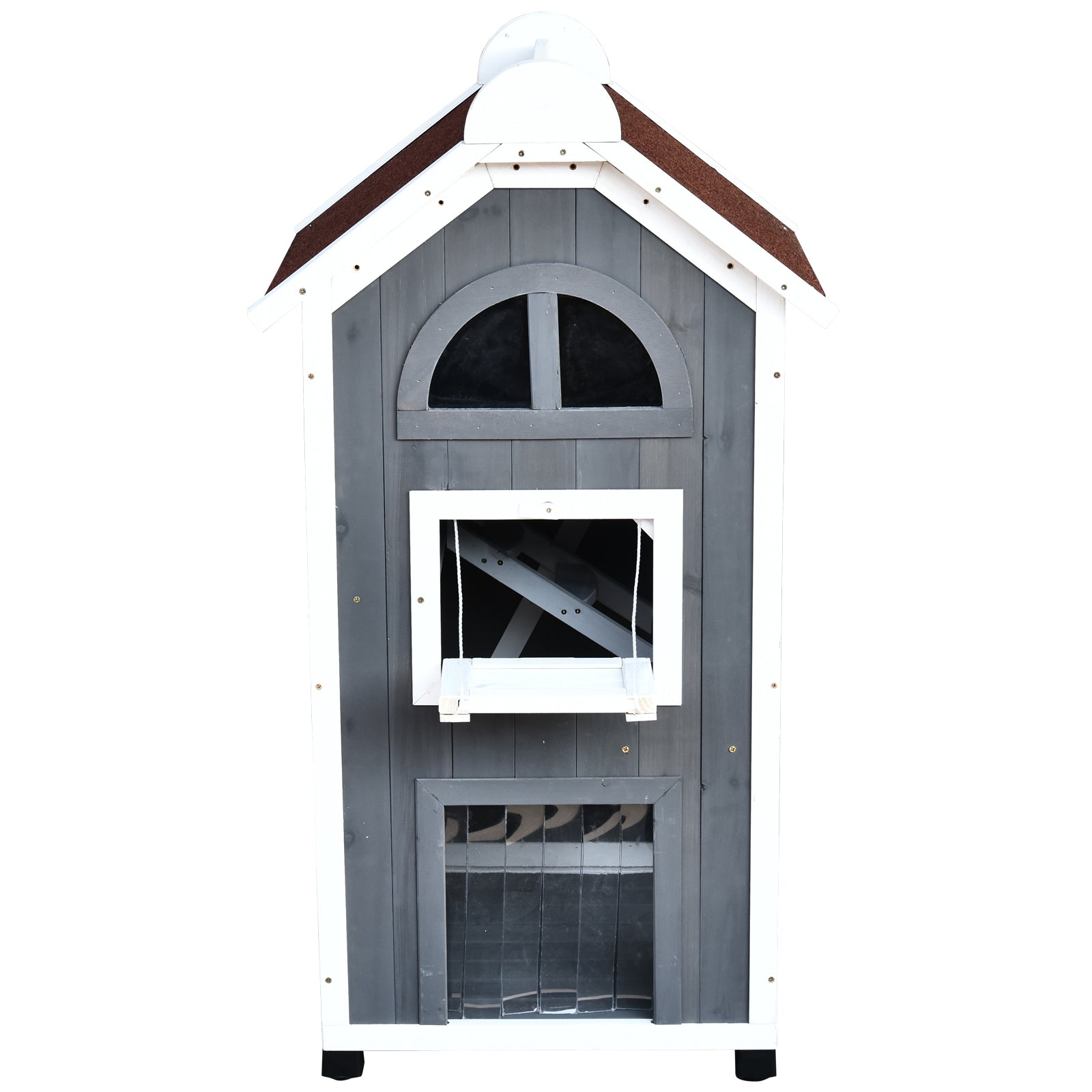 PawHut Katzenhaus für Katzenbett oder Katzentoilette, Katzenschrank, Katzenklo Indoor, Tannenholz, Asphaltdach, Grau, 59 x 55 x 109 cm