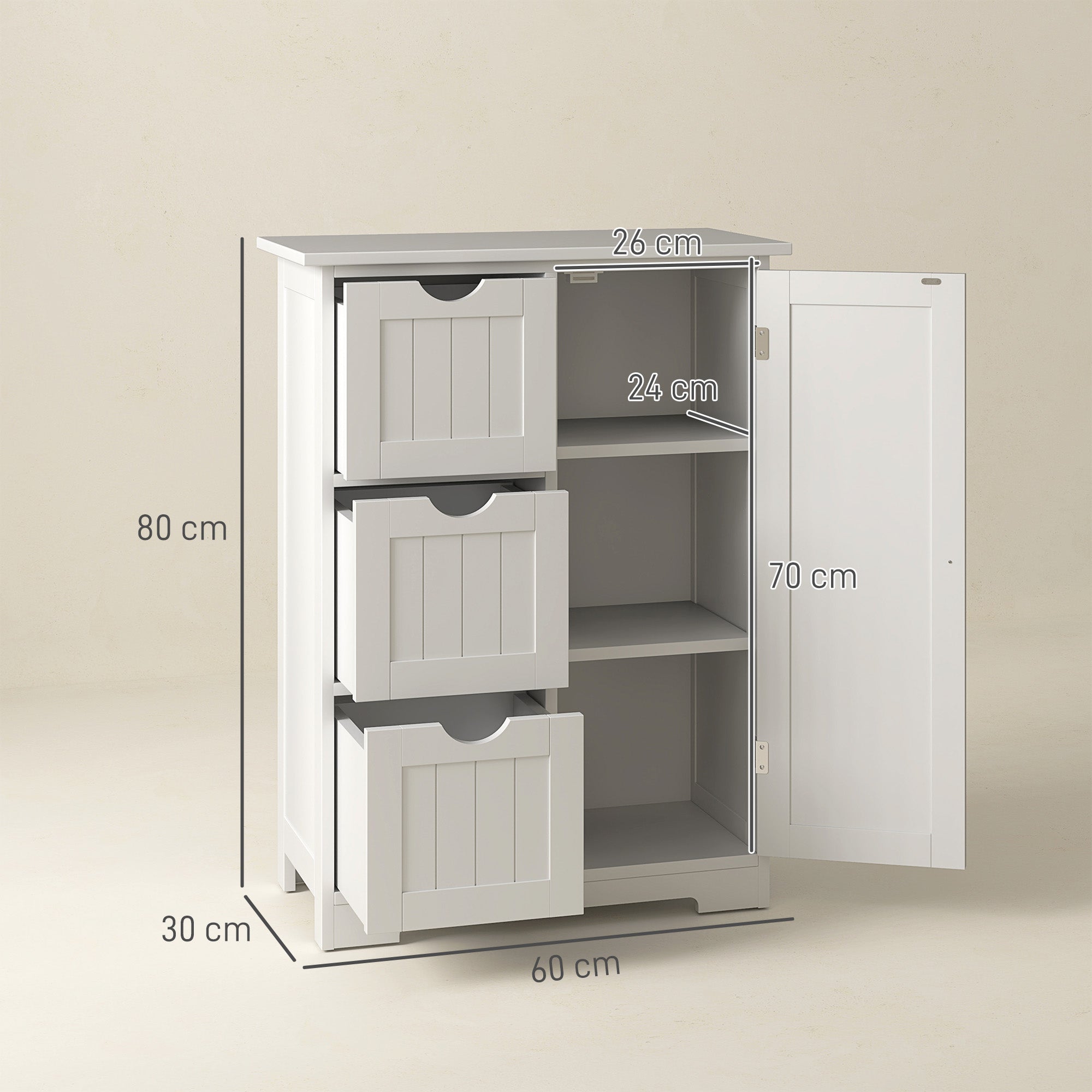 HOMCOM Badezimmerschrank, Badkommode, 3 Schubladen, Regal, MDF, Weiß