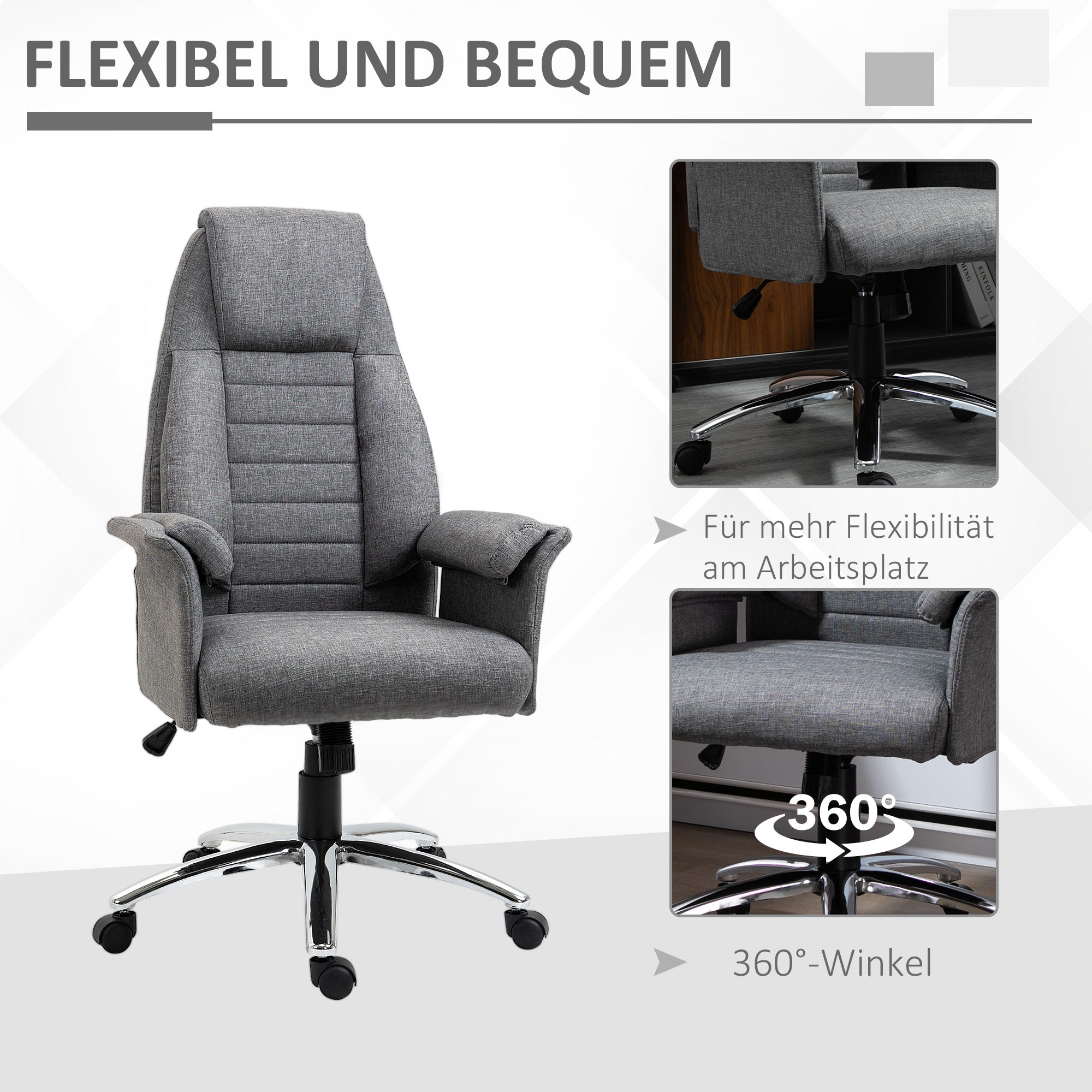 HOMCOM Chefsessel, höhenverstellbar, 5 Rollen, ergonomische Form, 68 cm x 69 cm x 126 cm, Grau
